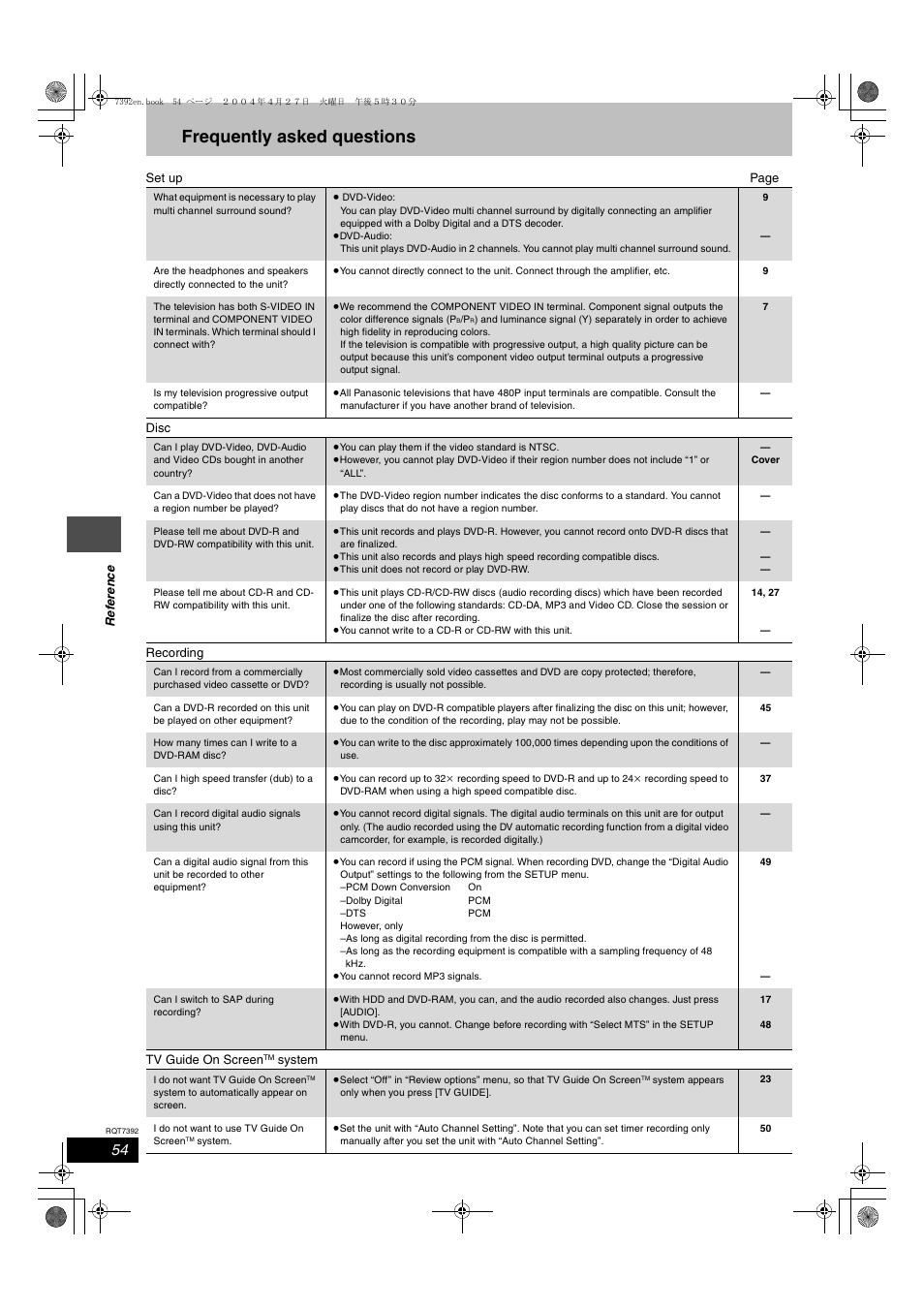 Frequently asked questions | Panasonic DMR-E95H User Manual | Page 54 / 64