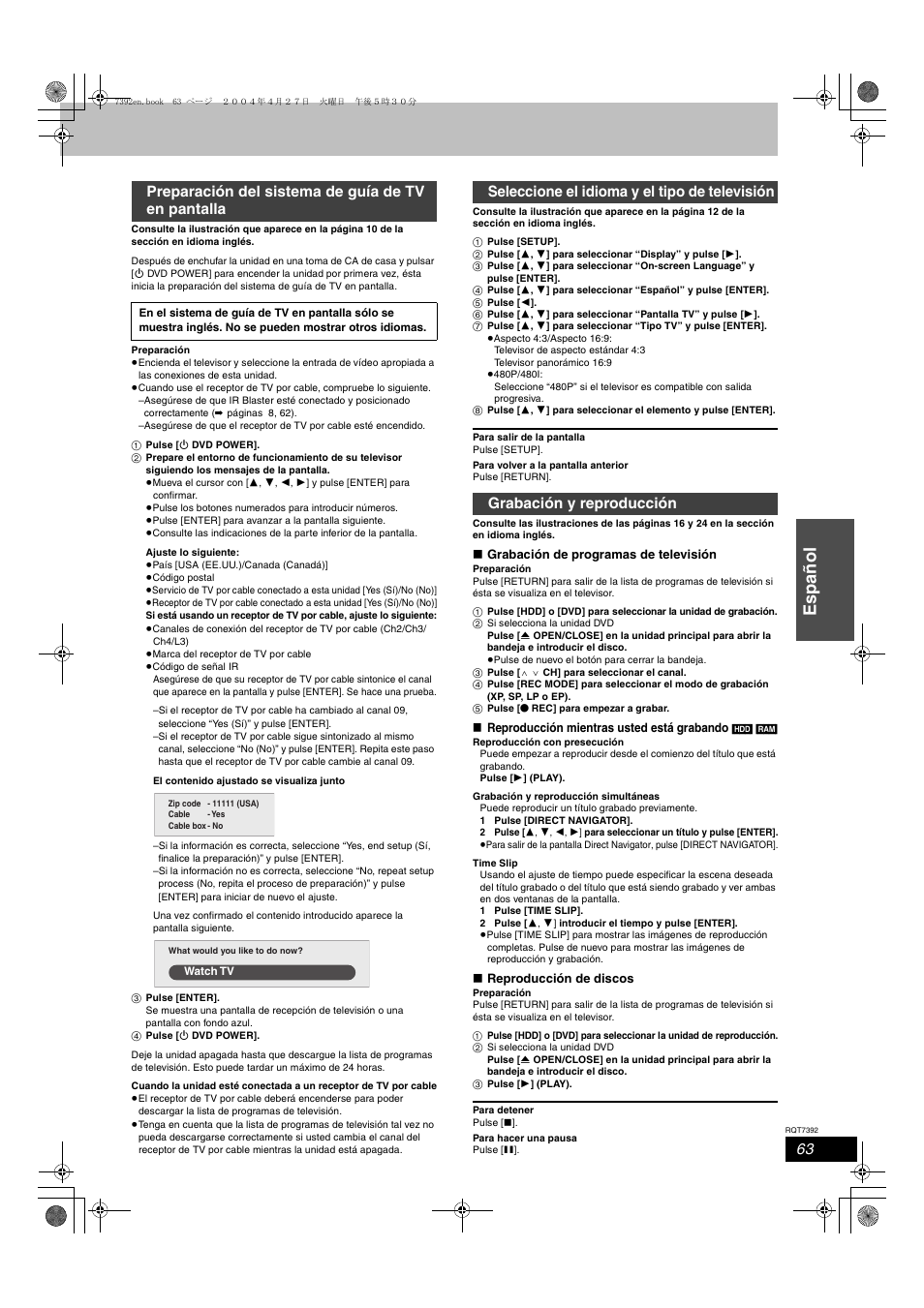 Español, Preparación del sistema de guía de tv en pantalla | Panasonic DMR-E95H User Manual | Page 63 / 64