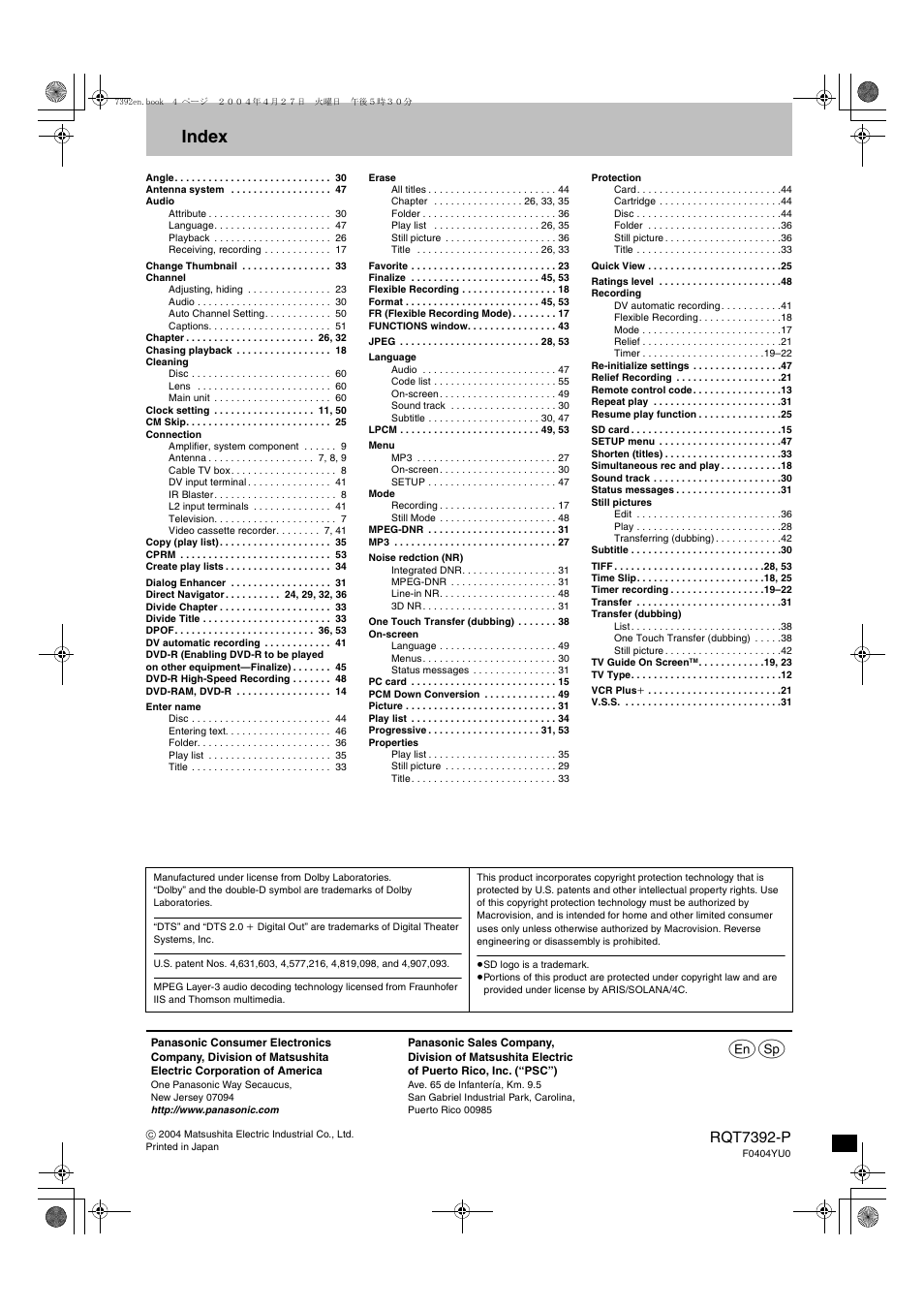 Index, Rqt7392-p | Panasonic DMR-E95H User Manual | Page 64 / 64