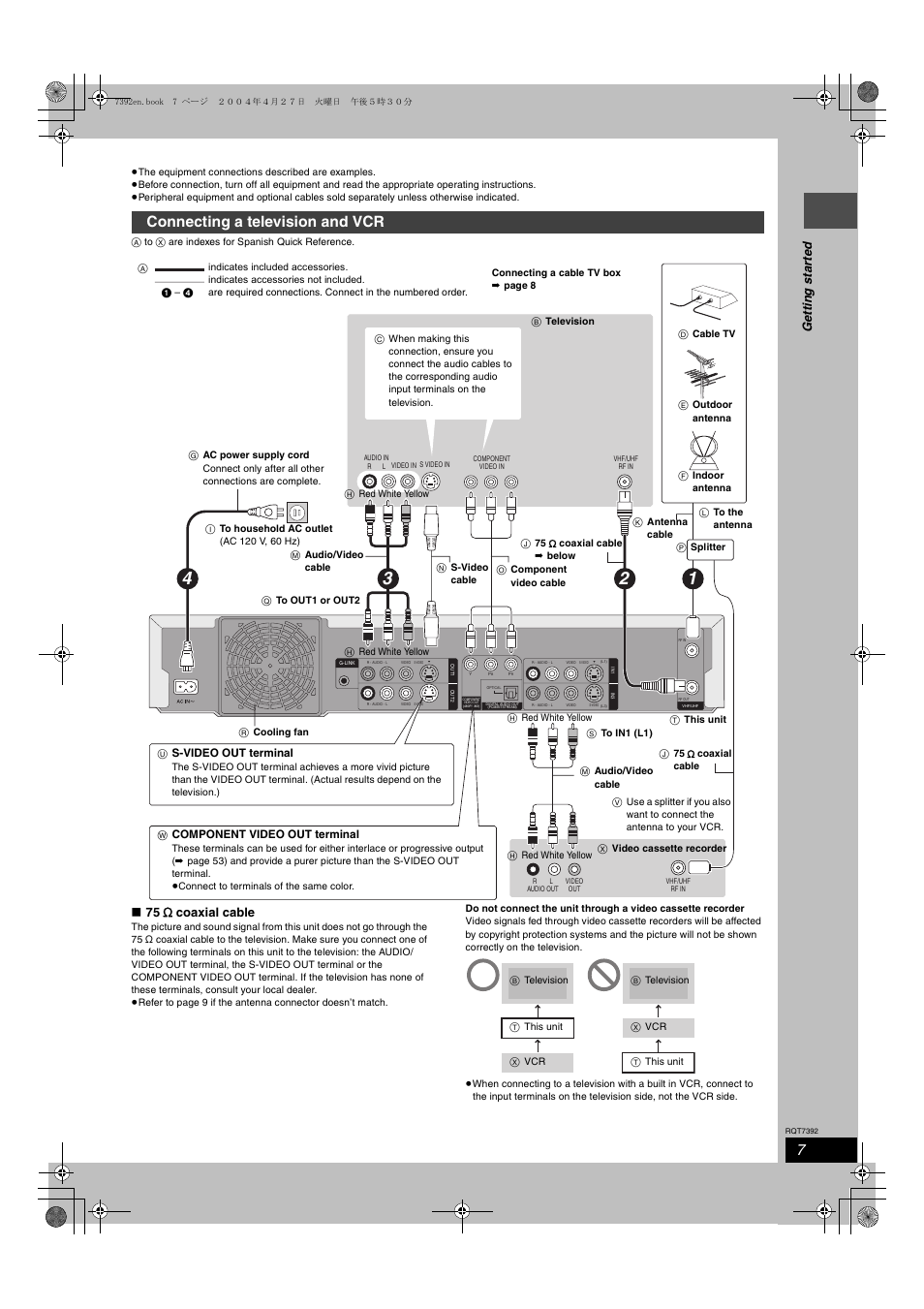 Connecting a television and vcr, Ge tt in g s ta rte d, 75 ≠ coaxial cable | Panasonic DMR-E95H User Manual | Page 7 / 64