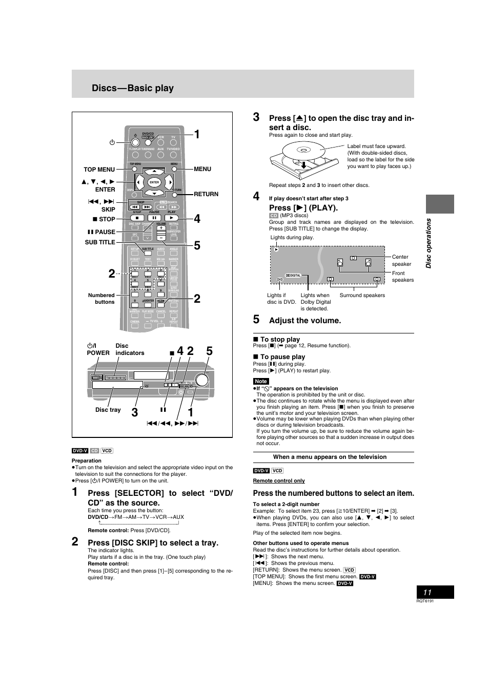 Disc operations, Discs - basic play, Discs—basic play | Press [ 1 ] (play), Adjust the volume, Press the numbered buttons to select an item, Press [selector] to select “dvd/ cd” as the source, Press [disc skip] to select a tray, Wake | Panasonic SC-HT67 User Manual | Page 11 / 36