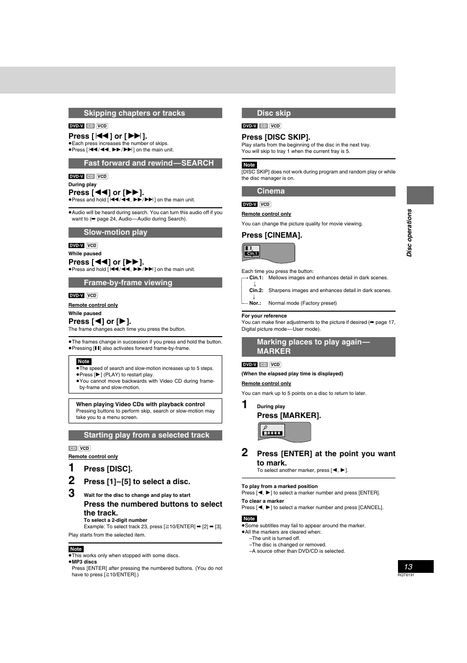 Disc skip, Press [disc skip, Cinema | Press [cinema, Marking places to play again— marker, Press [marker, Press [enter] at the point you want to mark, Skipping chapters or tracks, Press [ : ] or [ 9, Fast forward and rewind—search | Panasonic SC-HT67 User Manual | Page 13 / 36