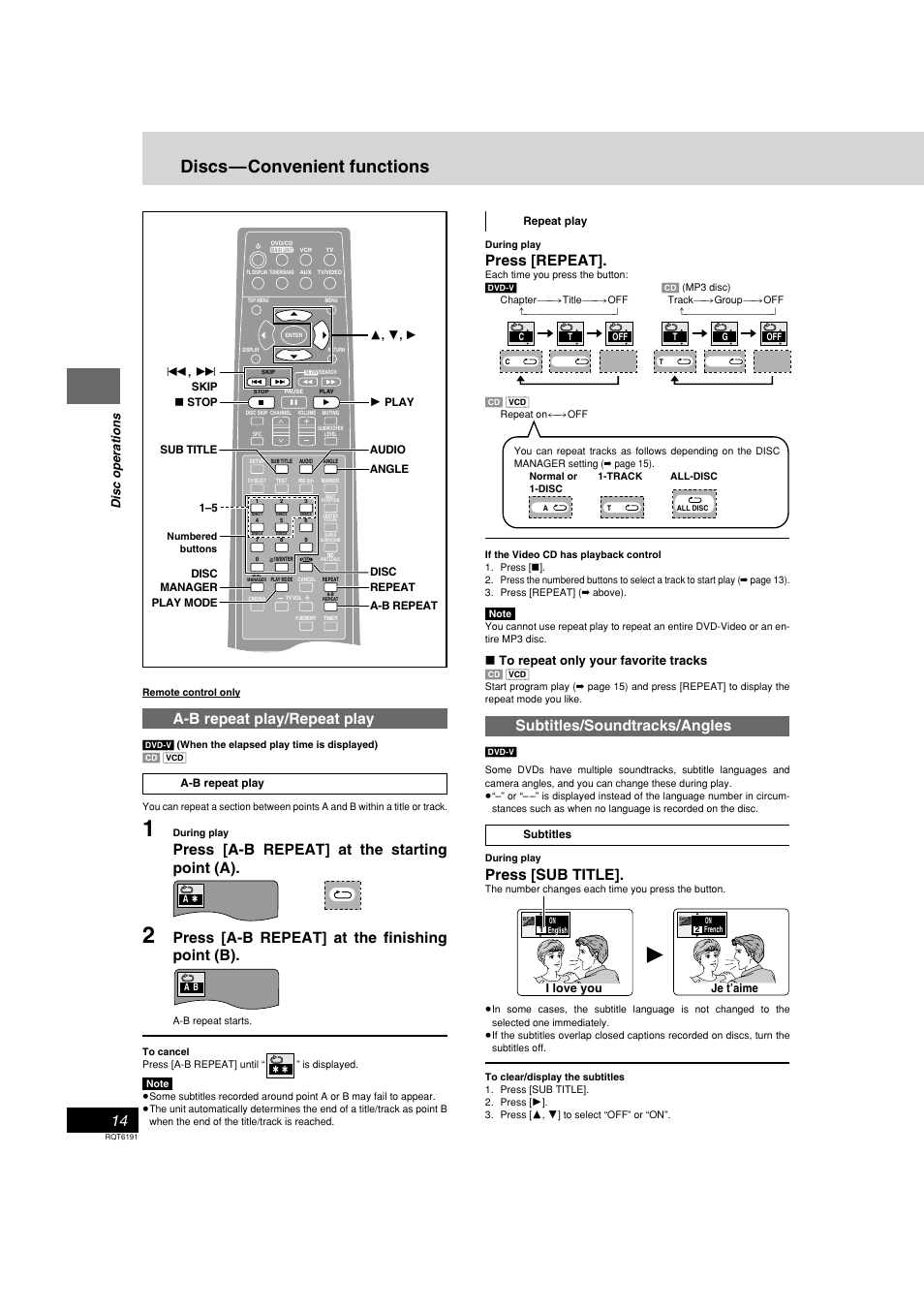 Discs - convenient functions, Discs—convenient functions, Press [repeat | Subtitles/soundtracks/angles, Press [sub title, A-b repeat play/repeat play, Press [a-b repeat] at the starting point (a), Press [a-b repeat] at the finishing point (b), Disc operations, I love you je t’aime | Panasonic SC-HT67 User Manual | Page 14 / 36