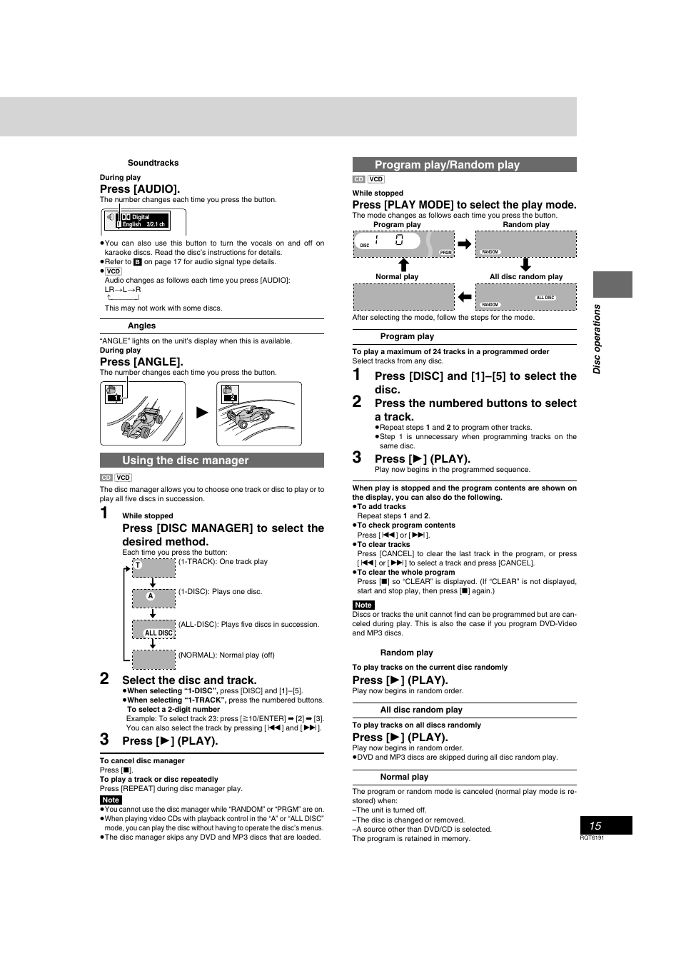 Press [audio, Press [angle, Using the disc manager | Press [disc manager] to select the desired method, Select the disc and track, Press [ 1 ] (play), Program play/random play, Press [play mode] to select the play mode, Press [disc] and [1]–[5] to select the disc, Press the numbered buttons to select a track | Panasonic SC-HT67 User Manual | Page 15 / 36