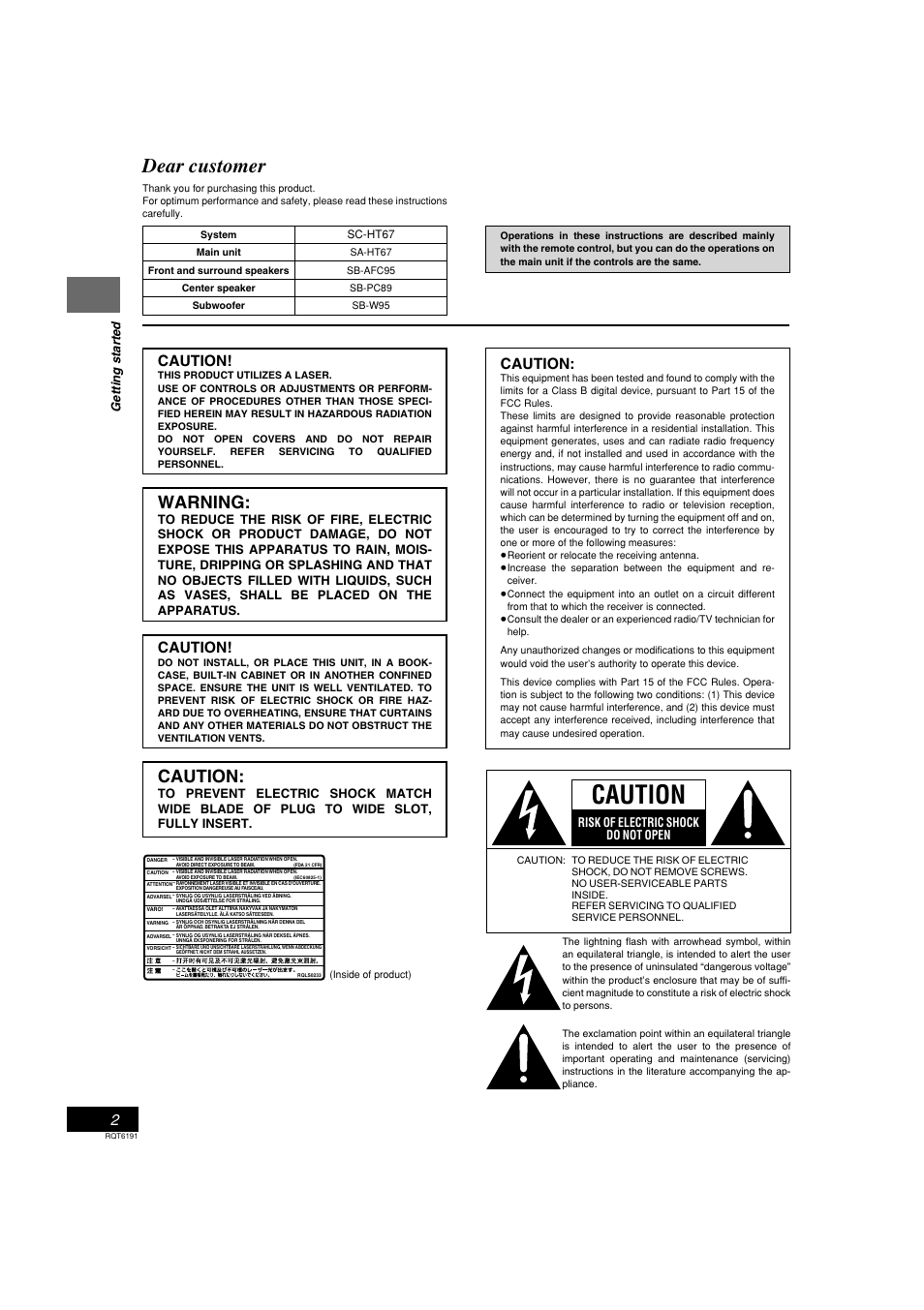 Dear customer, Warning, Caution | Getting started, Risk of electric shock do not open | Panasonic SC-HT67 User Manual | Page 2 / 36