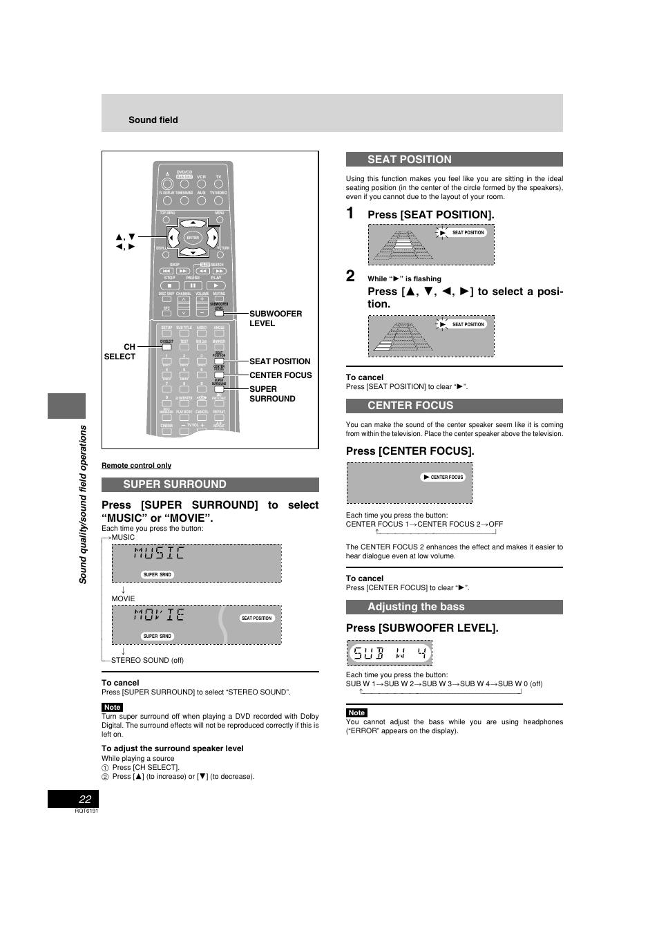 Seat position, Press [seat position, Press [ 3 , 4 , 2 , 1 ] to select a posi- tion | Center focus, Press [center focus, Adjusting the bass press [subwoofer level, Sound quality/sound field operations sound field | Panasonic SC-HT67 User Manual | Page 22 / 36