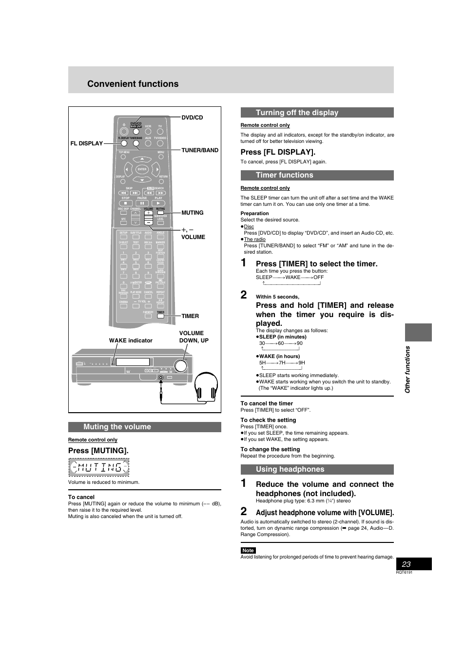 Other functions, Convenient functions, Turning off the display | Press [fl display, Timer functions, Press [timer] to select the timer, Using headphones, Adjust headphone volume with [volume, Muting the volume, Press [muting | Panasonic SC-HT67 User Manual | Page 23 / 36