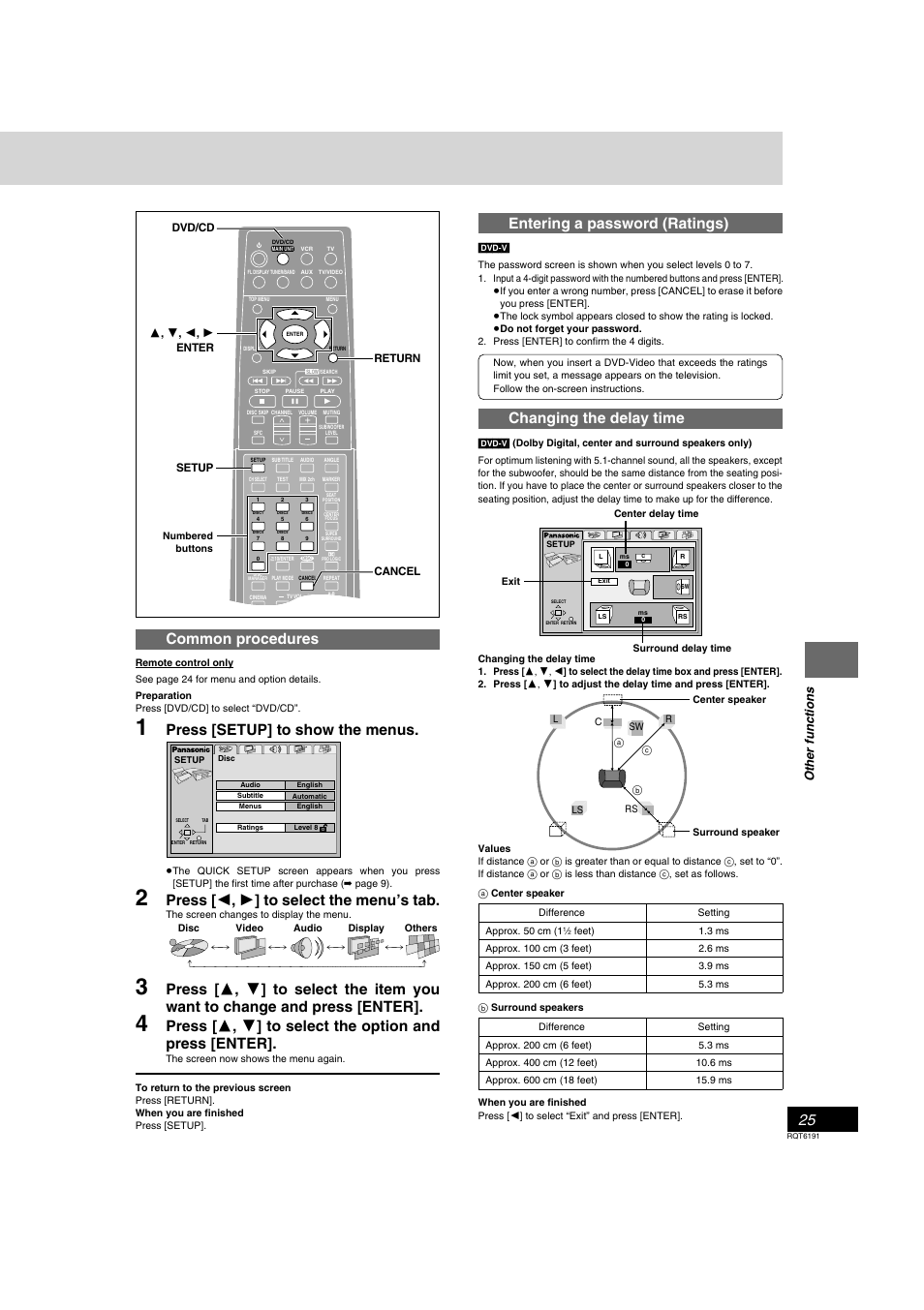 Common procedures, Press [setup] to show the menus, Press [ 2 , 1 ] to select the menu’s tab | Entering a password (ratings), Changing the delay time, Other functions | Panasonic SC-HT67 User Manual | Page 25 / 36
