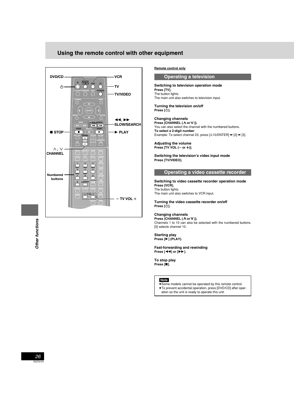Using the remote control with other equipment, Operating a television, Operating a video cassette recorder | Other functions | Panasonic SC-HT67 User Manual | Page 26 / 36