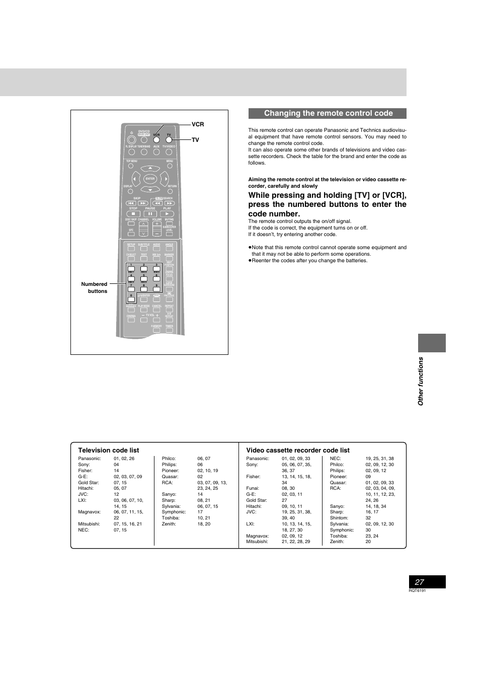 Changing the remote control code, Other functions, Television code list | Video cassette recorder code list | Panasonic SC-HT67 User Manual | Page 27 / 36