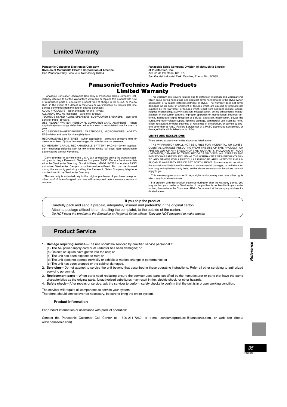 Limited warranty, Product service, Limited warranty product service | Panasonic/technics audio products limited warranty | Panasonic SC-HT67 User Manual | Page 35 / 36