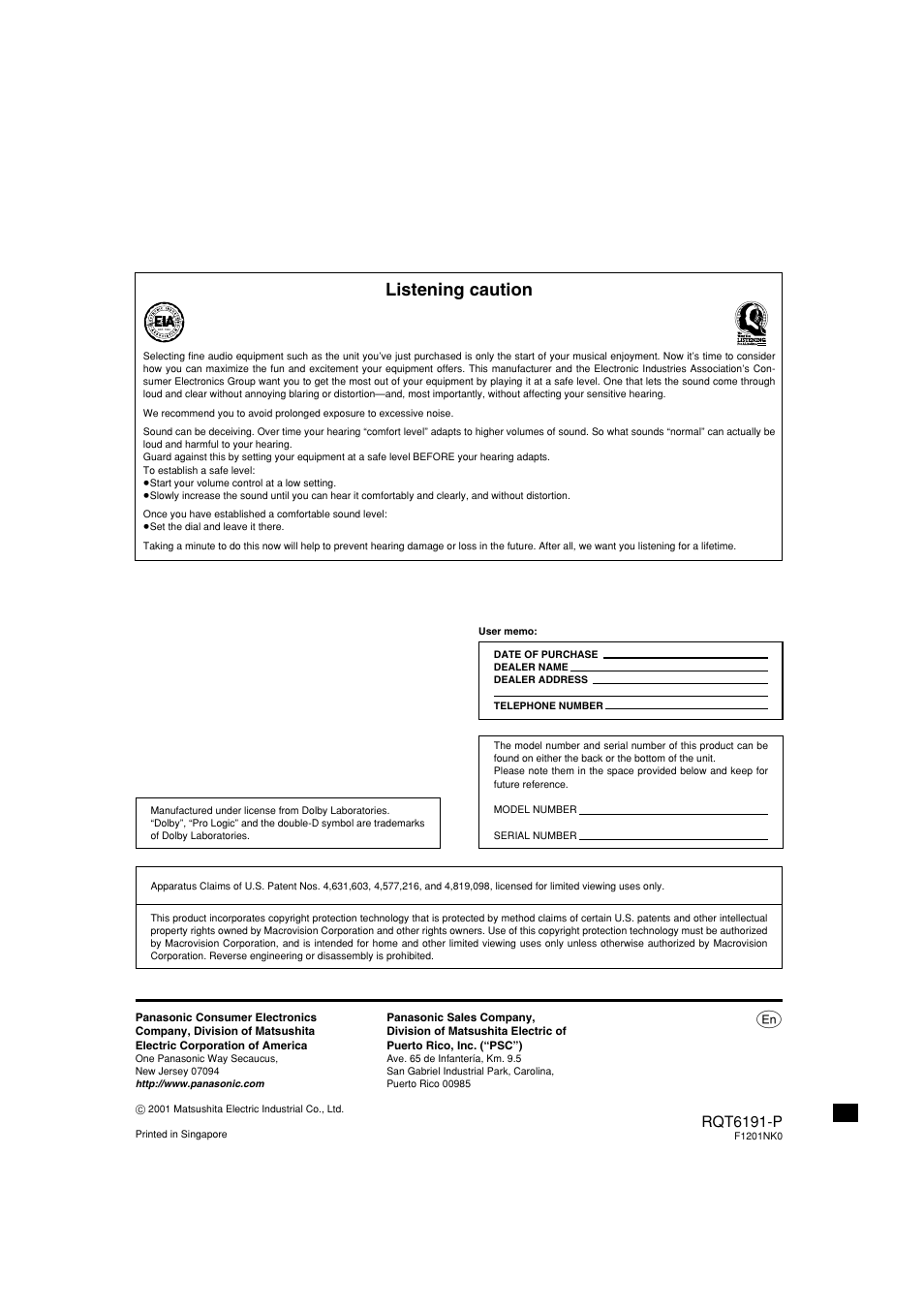 Plistening caution, Rqt6191-p | Panasonic SC-HT67 User Manual | Page 36 / 36