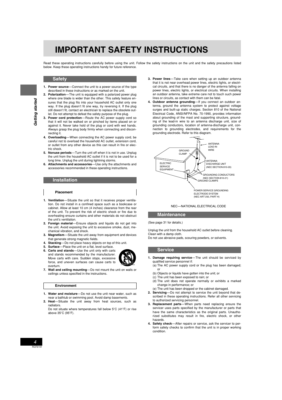 Important safety instructions, Maintenance, Service | Safety, Installation | Panasonic SC-HT67 User Manual | Page 4 / 36