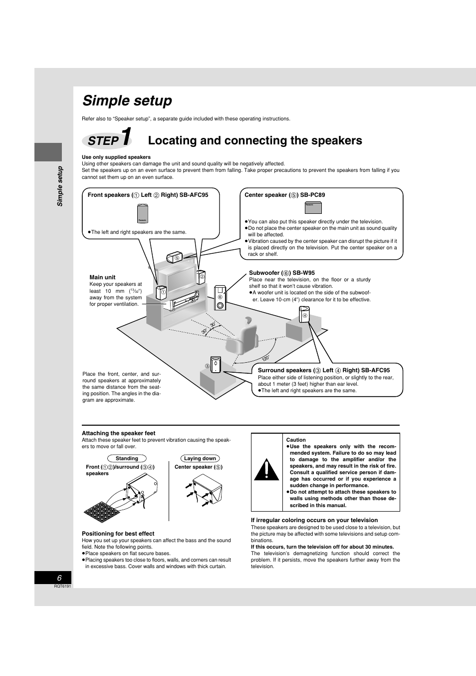 Step 1 - locating and connecting the speakers, Simple setup, Step | Locating and connecting the speakers | Panasonic SC-HT67 User Manual | Page 6 / 36