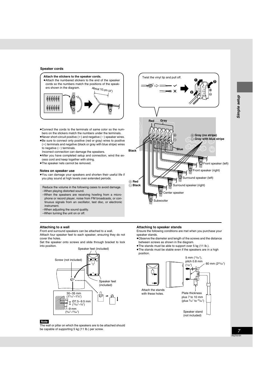 Front l, Front r, Surround l | Surround r, Center, Subwoofer, Simple setup | Panasonic SC-HT67 User Manual | Page 7 / 36