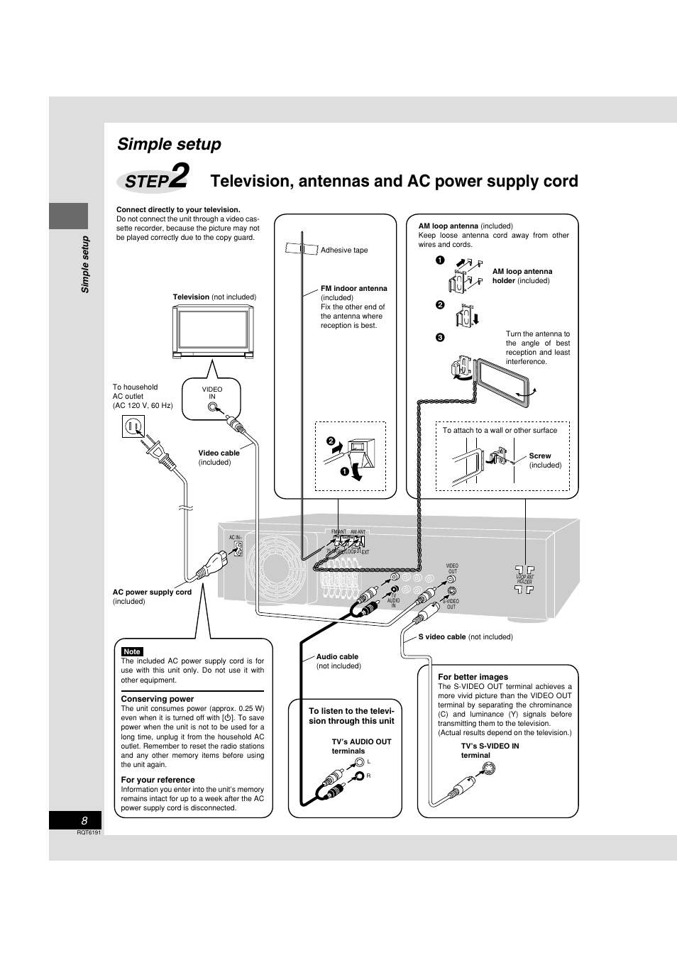 Simple setup, Step, Television, antennas and ac power supply cord | Panasonic SC-HT67 User Manual | Page 8 / 36