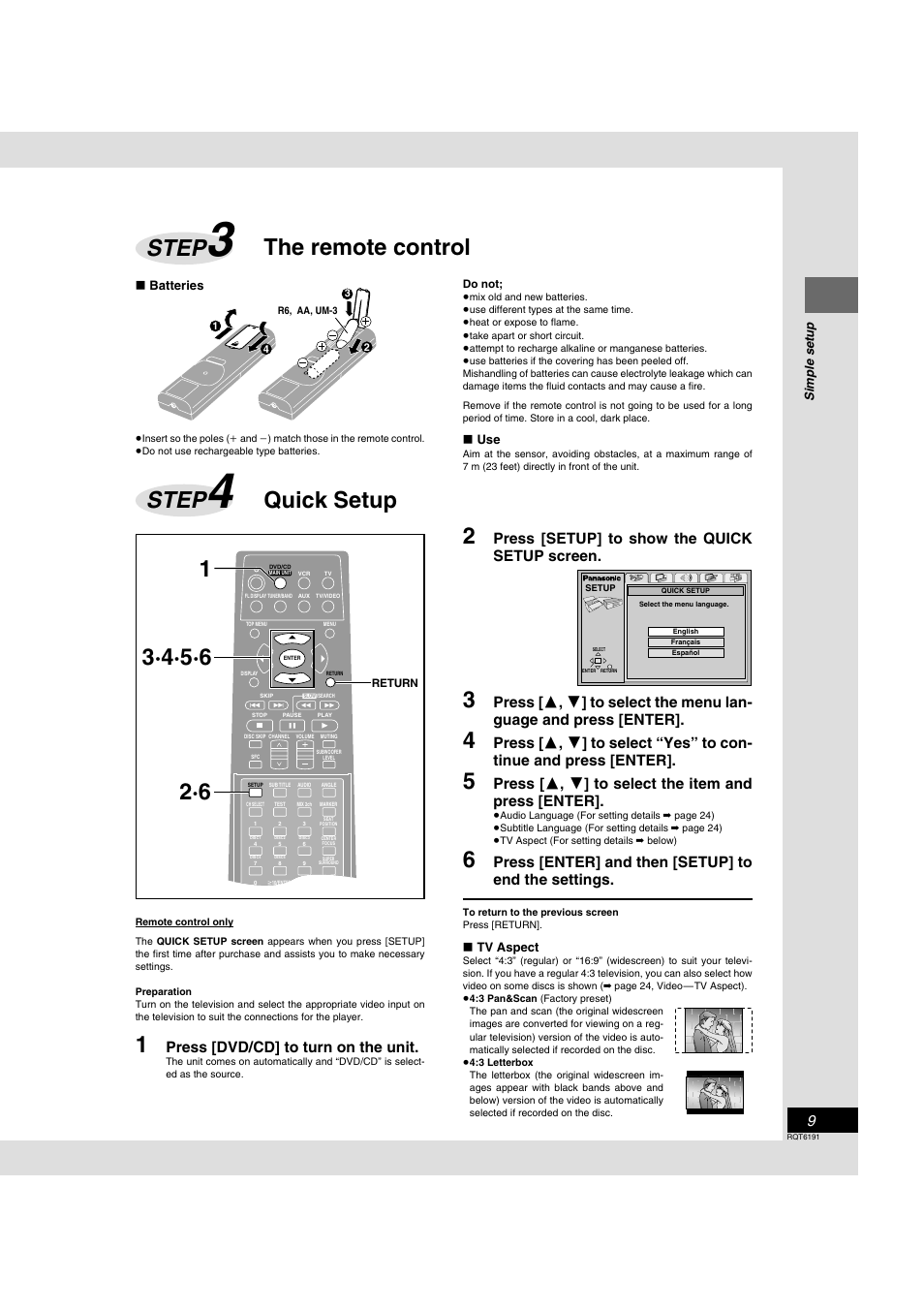 Step 3 - the remote control, Step 4 - quick setup, Step | The remote control, Quick setup, Press [dvd/cd] to turn on the unit, Press [setup] to show the quick setup screen, Press [enter] and then [setup] to end the settings | Panasonic SC-HT67 User Manual | Page 9 / 36