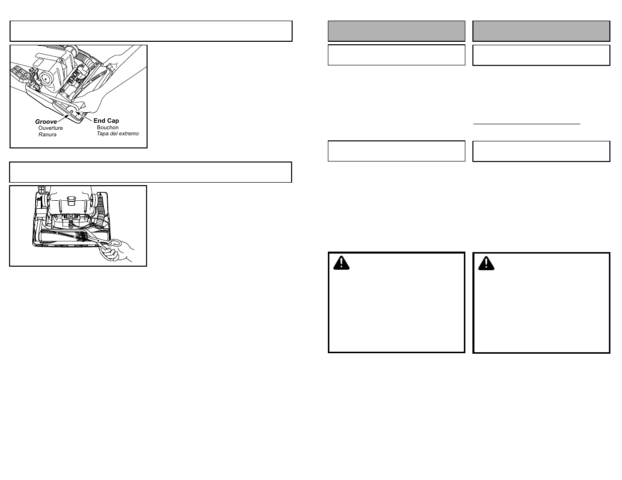 Fonctionnement, Cordon d’alimentation, Interrupteur | Para operar la aspiradora, Cordón eléctrico, Control on-off, Attention, Cuidado, Para operar la aspiradora fonctionnement, Replacing belt | Panasonic MC-UG585 User Manual | Page 19 / 48