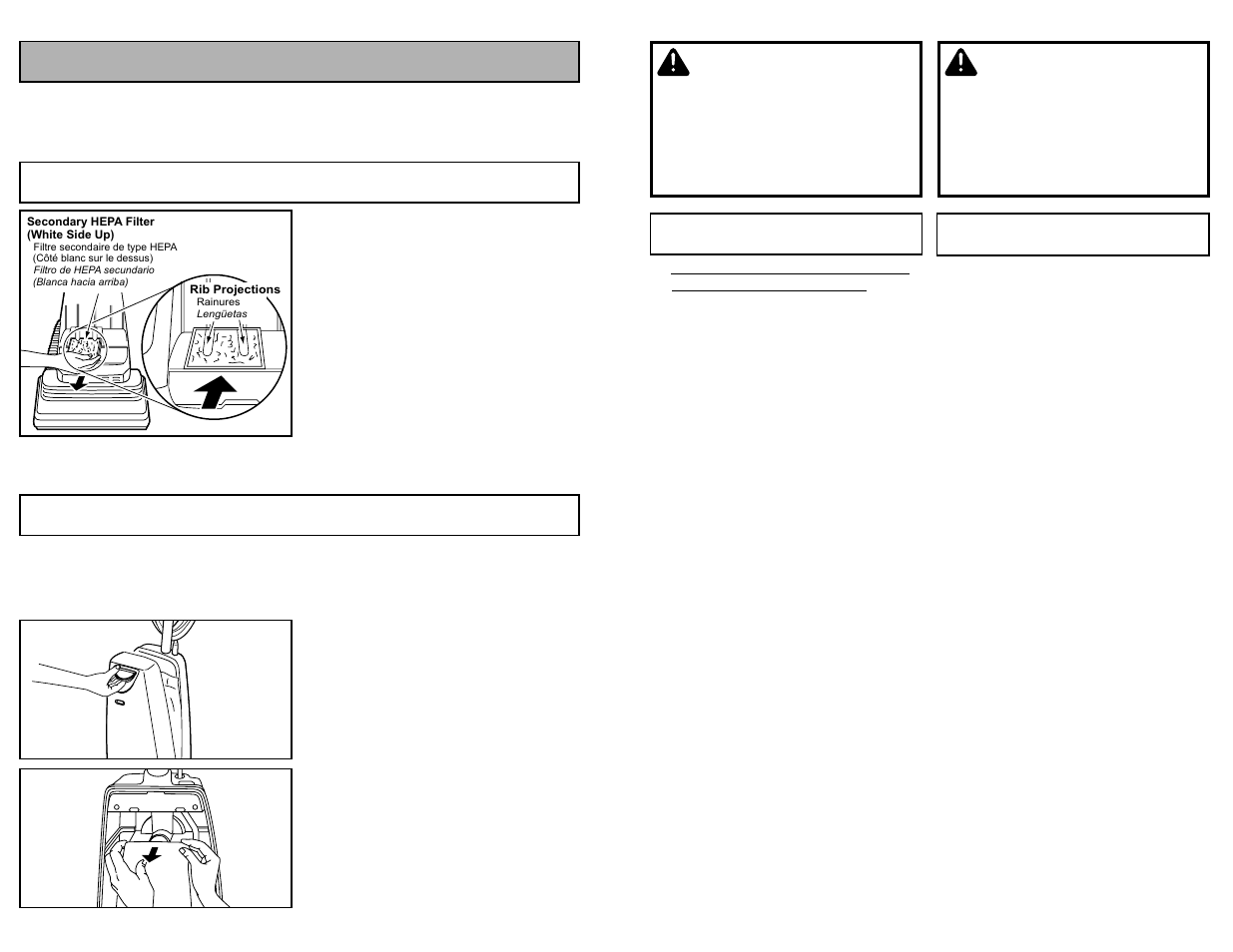 Routine care of vacuum cleaner, Replacing secondary hepa filter, Changing dust bag | Aad dv ve er rt te en nc ciia a, Avertissement | Panasonic MC-UG585 User Manual | Page 22 / 48