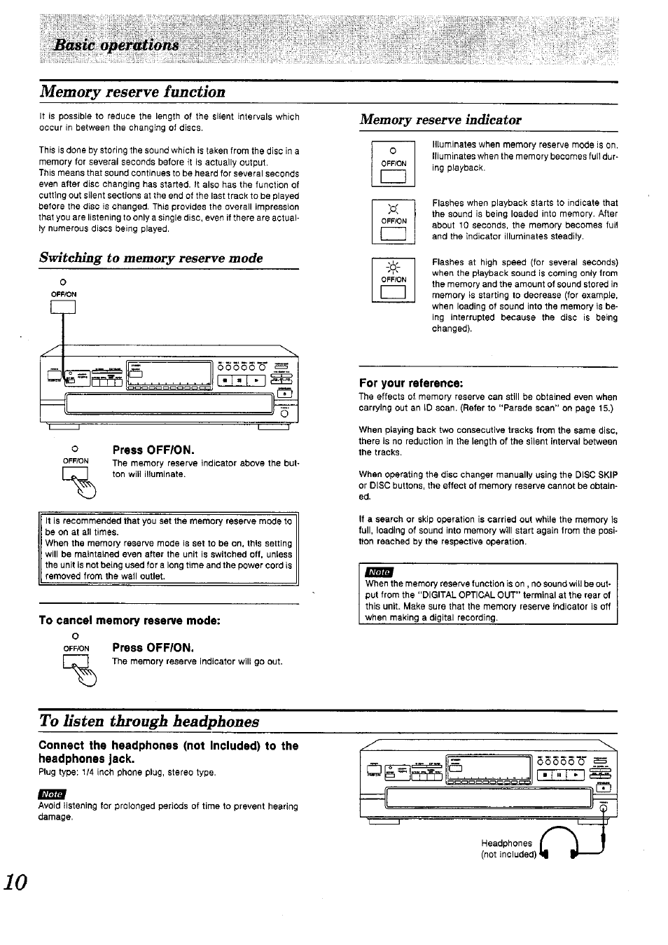Memory reserve function, Press off/on, To cancel memory reserve mode | Off/on press off/on, For your reference, To listen through headphones | Panasonic SL-PD1010 User Manual | Page 10 / 24