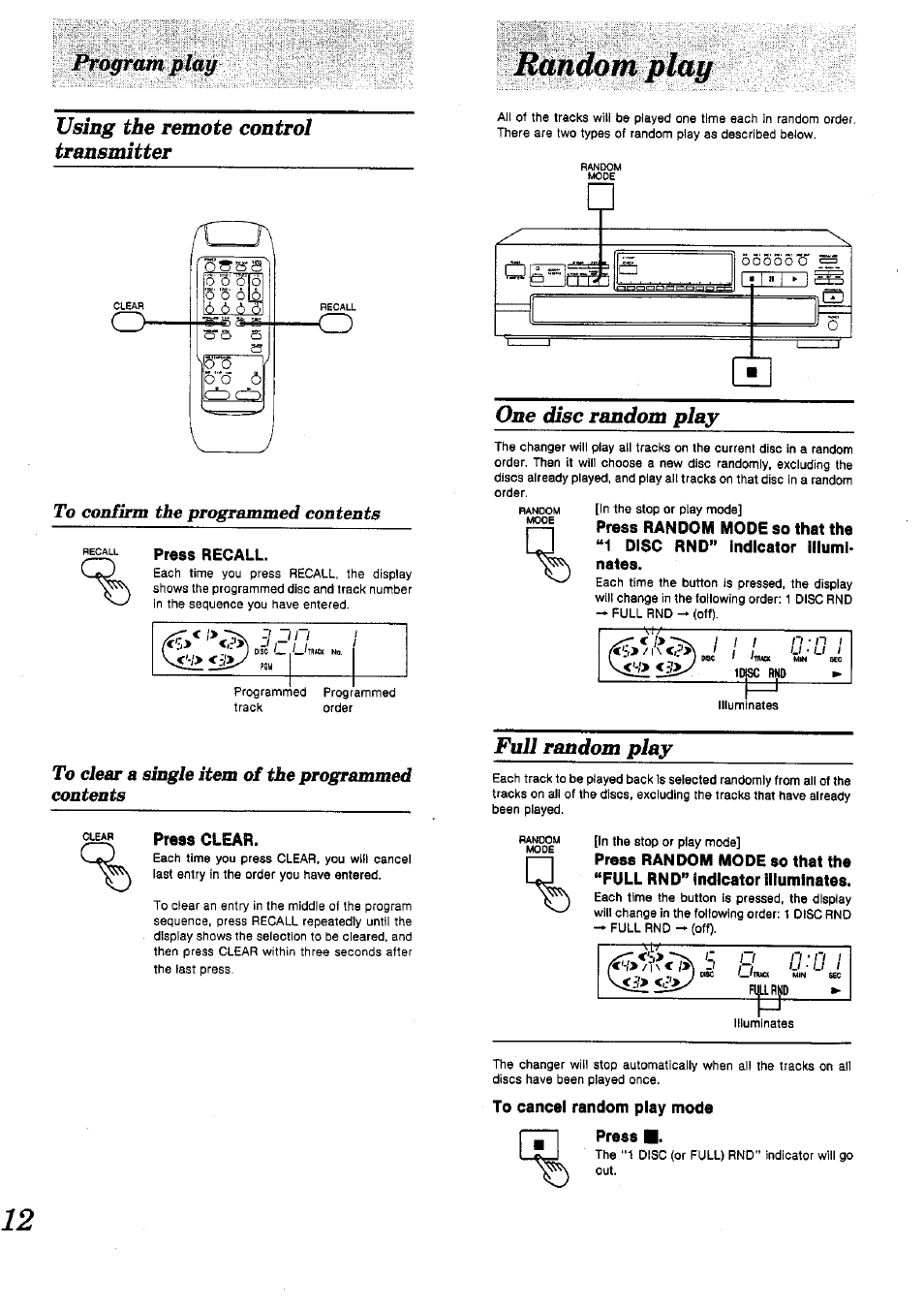 Using the remote control transmitter, Press clear, One disc random play | Full random play, To cancel random play mode, Press | Panasonic SL-PD1010 User Manual | Page 12 / 24