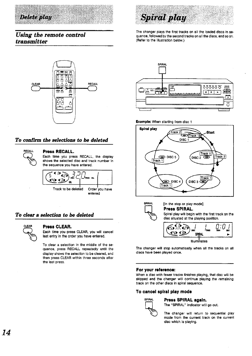 Press clear, For your réference, To cancel spiral play mode | If 1, Using the remote control transmitter | Panasonic SL-PD1010 User Manual | Page 14 / 24