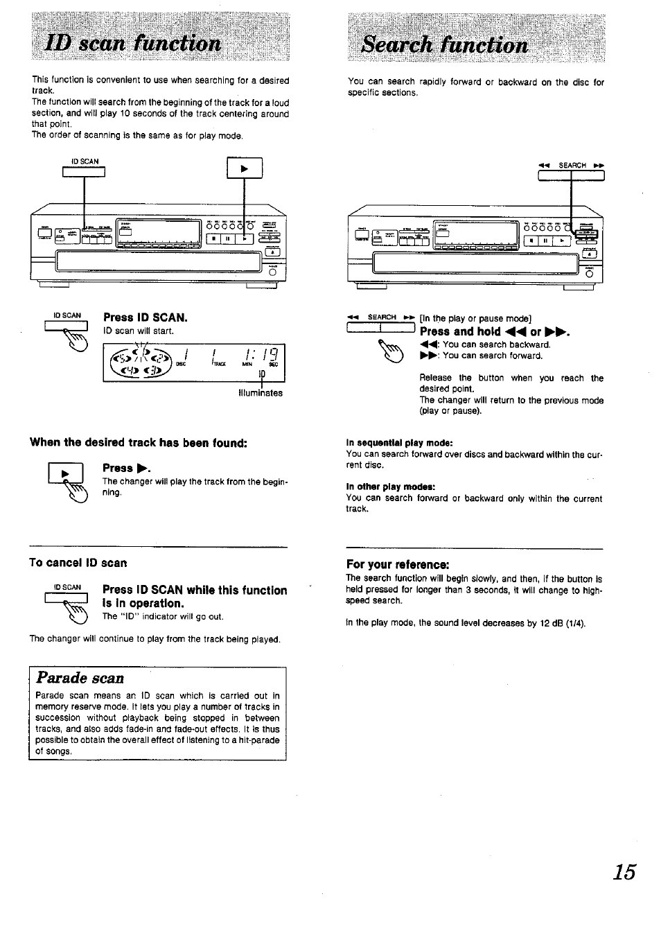 Press and hold mm or, When the desired track has been found, Press | To cancel id scan, Press id scan while this function, For your reference, Parade scan | Panasonic SL-PD1010 User Manual | Page 15 / 24