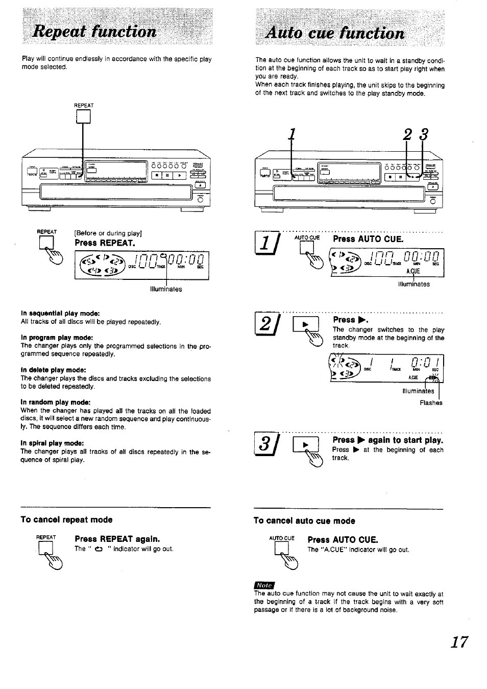 Press auto cue, Press, Press ^ again to start play | To cancel repeat mode, Press repeat again, To cancel auto cue mode | Panasonic SL-PD1010 User Manual | Page 17 / 24