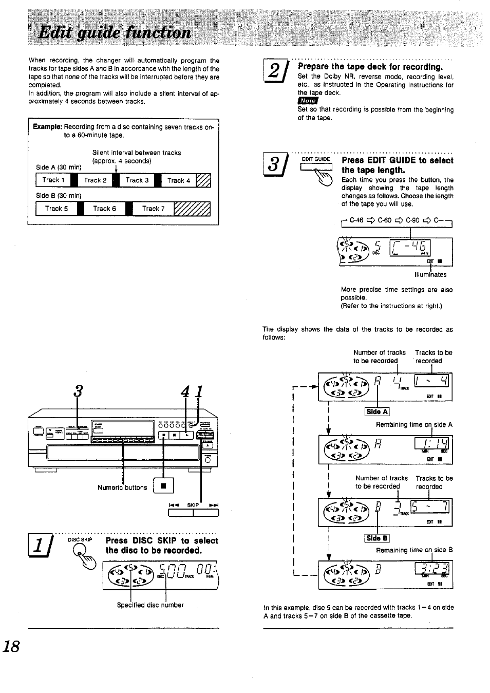 Prepare the tape deck for recording, Press edit guide to select the tape length | Panasonic SL-PD1010 User Manual | Page 18 / 24