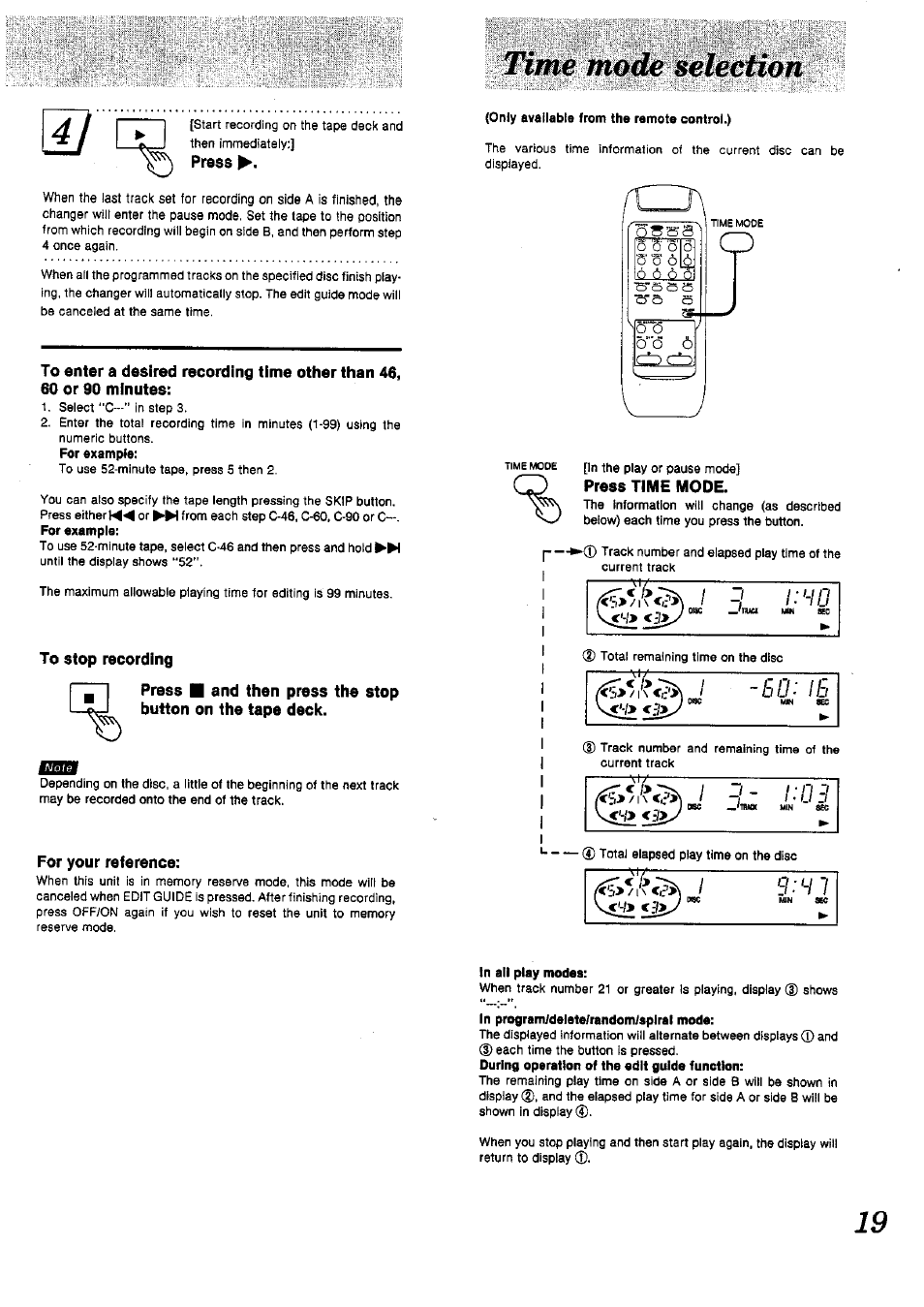To stop recording, For your reference | Panasonic SL-PD1010 User Manual | Page 19 / 24
