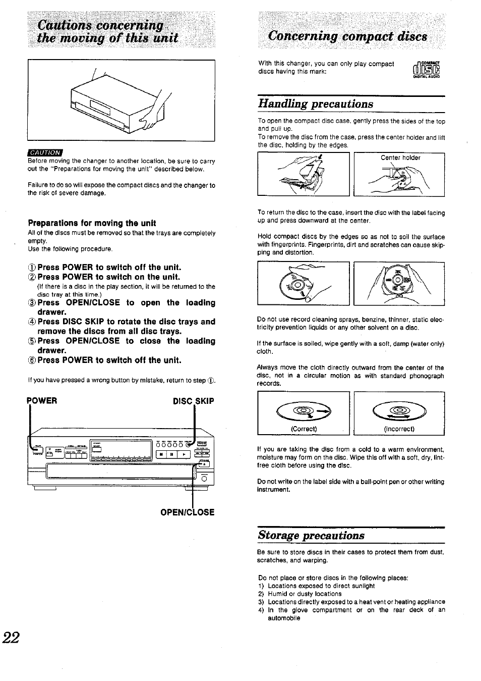 Òaéfiòb, Tt^ nmvinig óf this unit, Concerning compact discs | Tt^ nmvinig óf this unit concerning compact discs, Handling precautions, Storage precautions | Panasonic SL-PD1010 User Manual | Page 22 / 24
