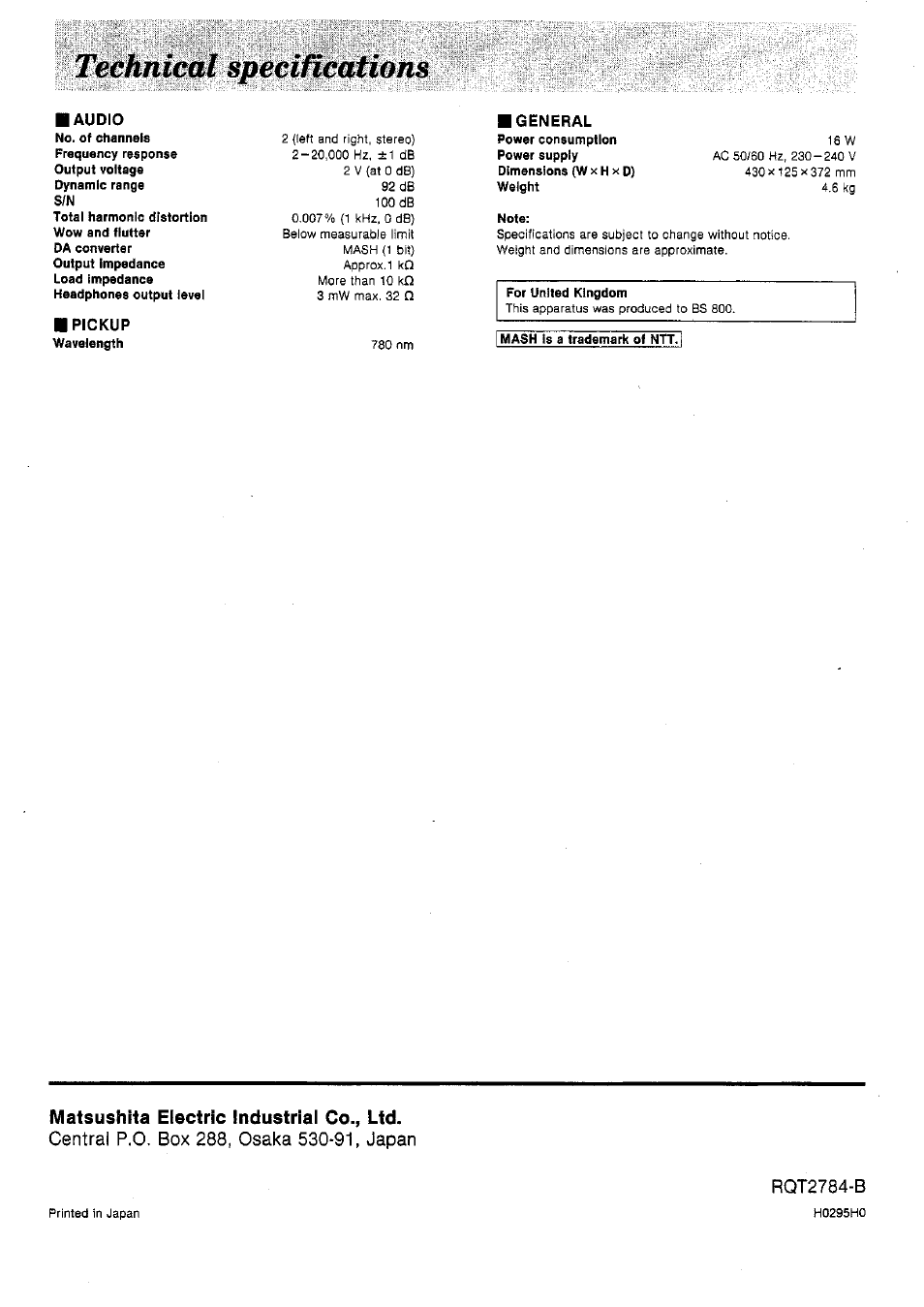 Rqt2784-b | Panasonic SL-PD1010 User Manual | Page 24 / 24