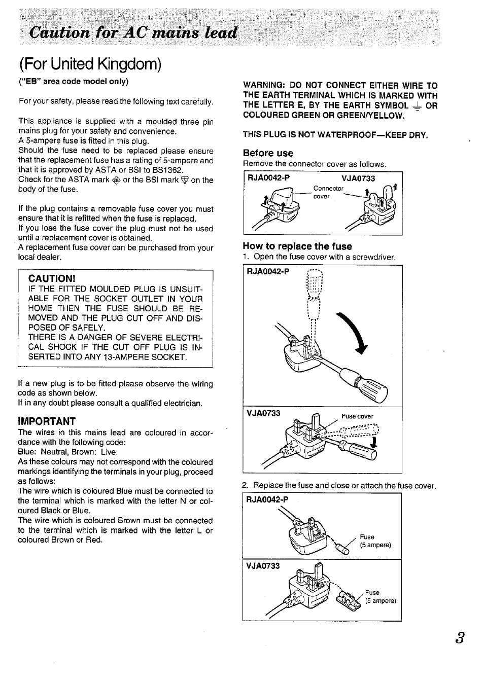 This plug is not waterproof—keep dry, Caution w, For united kingdom) | Panasonic SL-PD1010 User Manual | Page 3 / 24