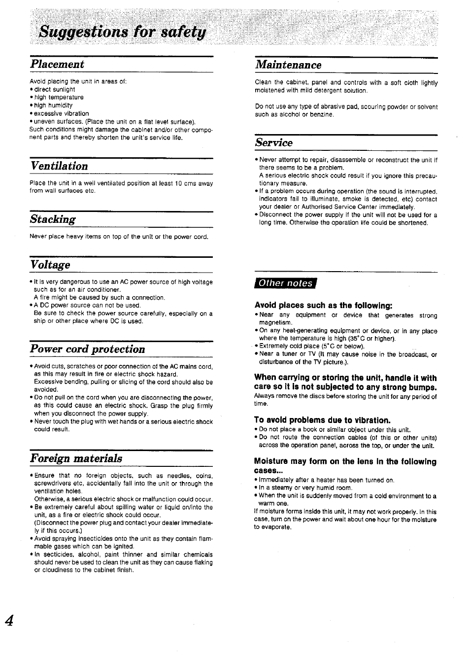 Avoid places such as the following, To avoid problems due to vibration, For mí^ff | Placement, Ventilation, Stacking maintenance, Service, Voltage, Power cord protection, Foreign materials | Panasonic SL-PD1010 User Manual | Page 4 / 24