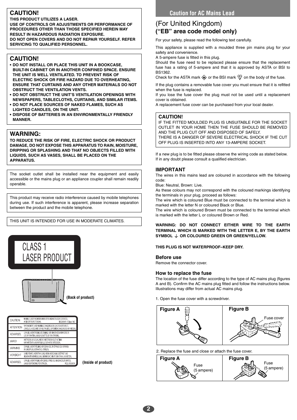 Class 1 laser product, For united kingdom), Eb” area code model only) | Caution, Warning, Caution for ac mains lead | Panasonic RC-CD350 User Manual | Page 2 / 6