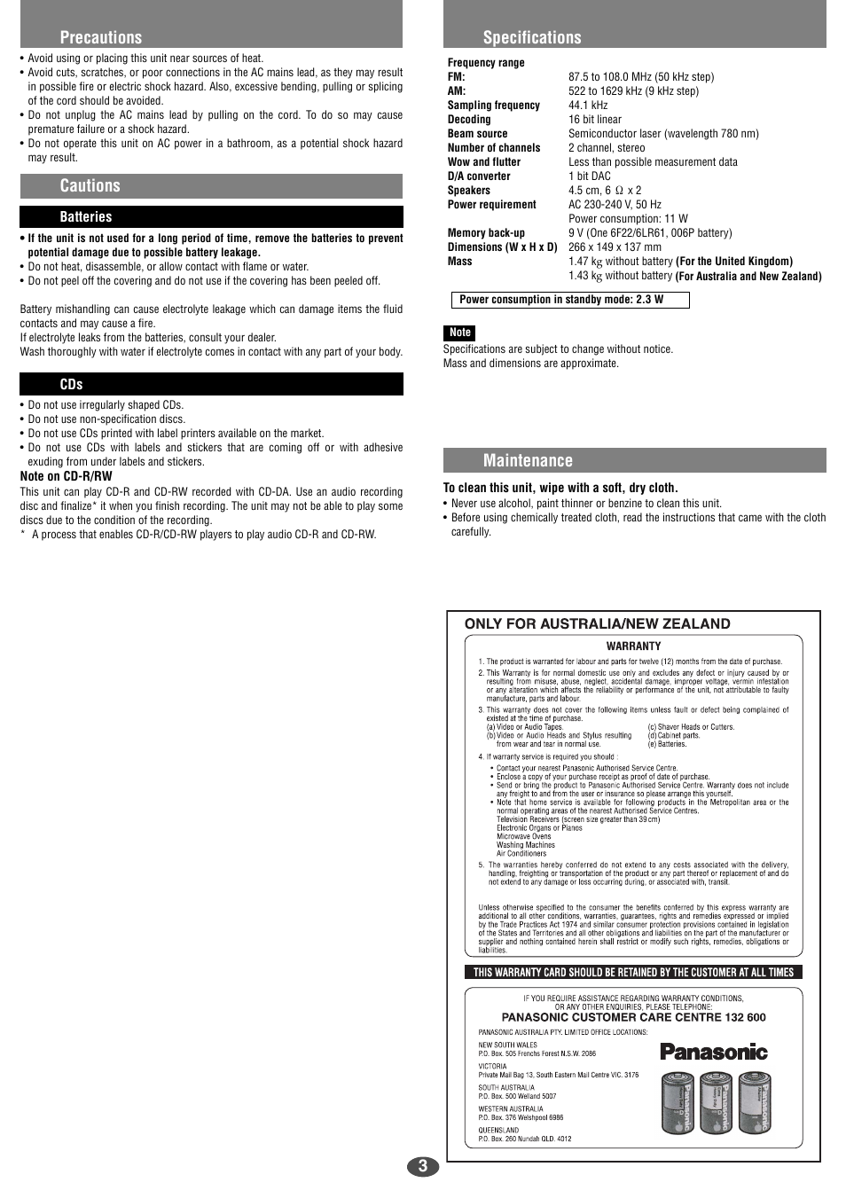 Precautions cautions, Specifications, Maintenance | Panasonic RC-CD350 User Manual | Page 3 / 6