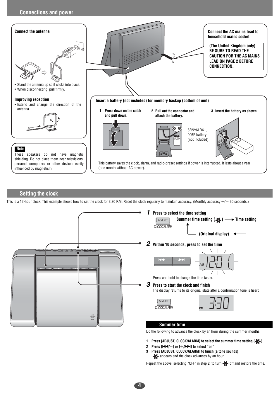 Connections and power, Setting the clock, Summer time | Panasonic RC-CD350 User Manual | Page 4 / 6