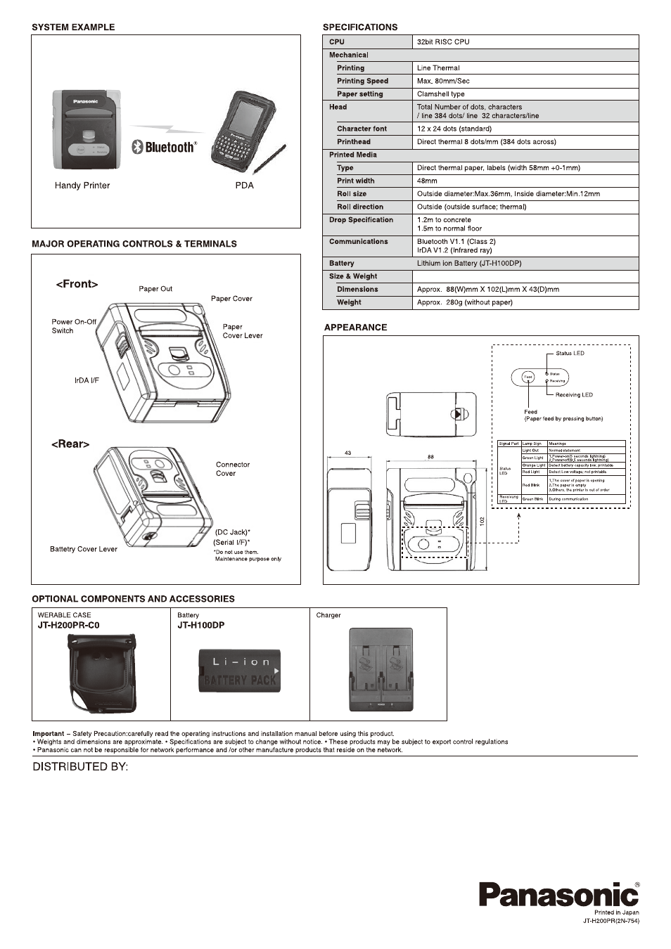 Front, Rear, Distributed by | Panasonic, 0 bluetooth | Panasonic JT-H200PR User Manual | Page 2 / 2