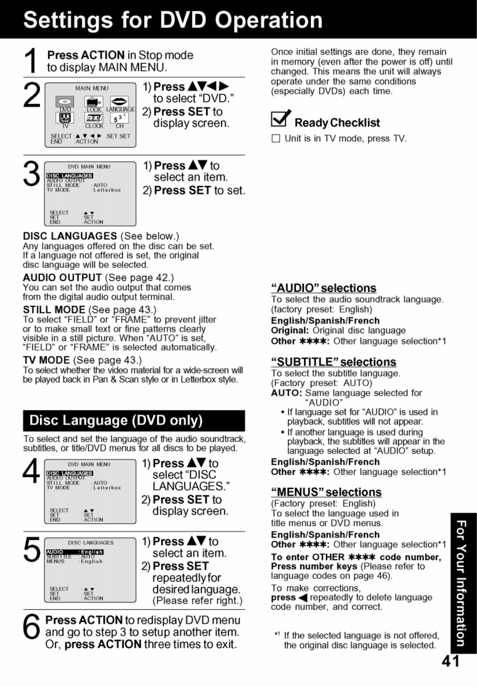 Settings for dvd operation | Panasonic PV-24DF62 User Manual | Page 41 / 56