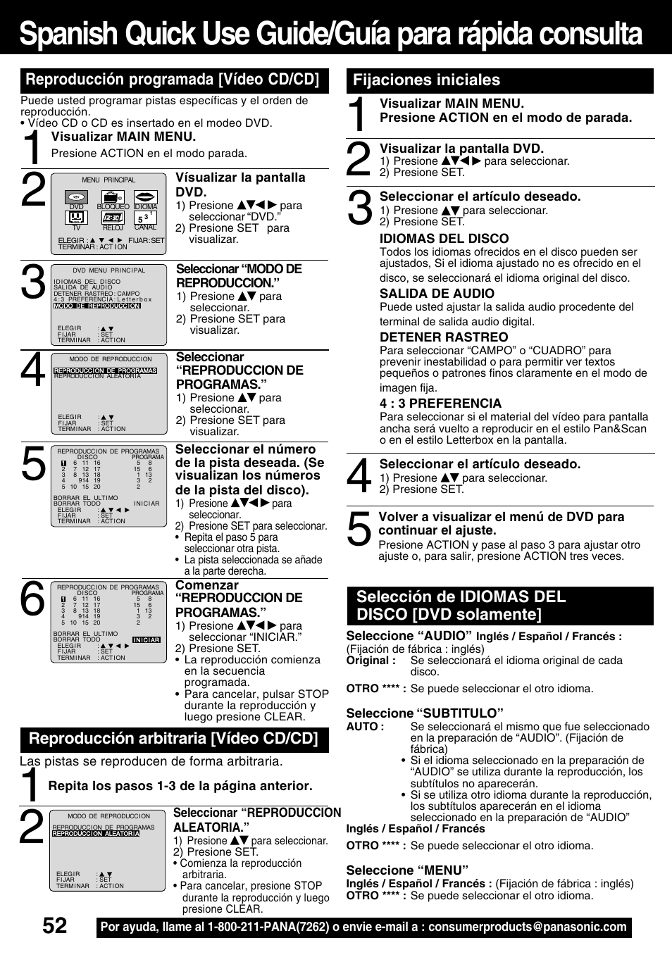 Spanish quick use guide/guía para rápida consulta, Selección de idiomas del disco [dvd solamente, Fijaciones iniciales | Panasonic PV-24DF62 User Manual | Page 52 / 56