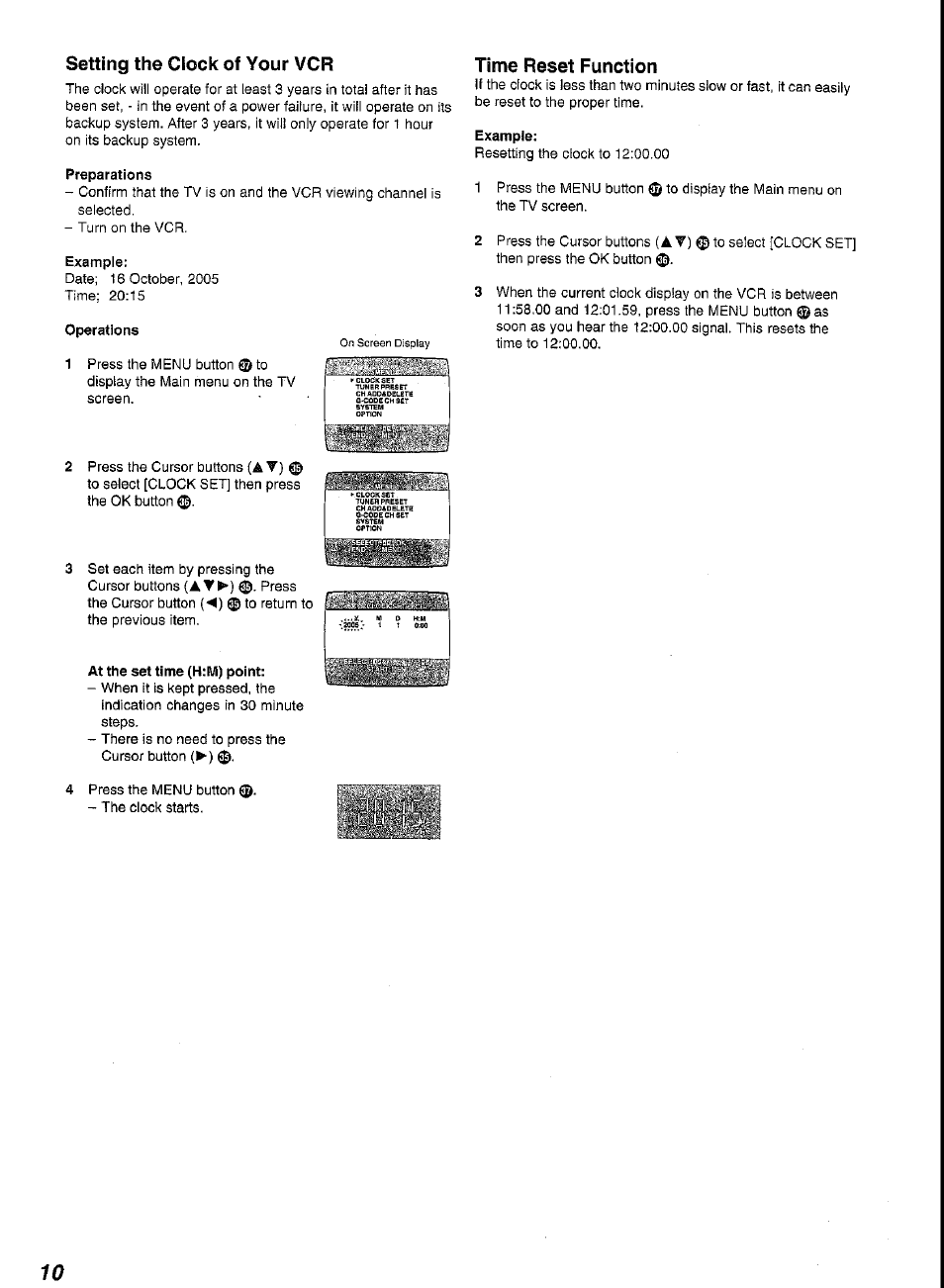 Preparations, Example, Operations | At the set time (h:m) point, Setting the clock of your vcr, Time reset function | Panasonic G-CODE NV-FJ620 User Manual | Page 10 / 28
