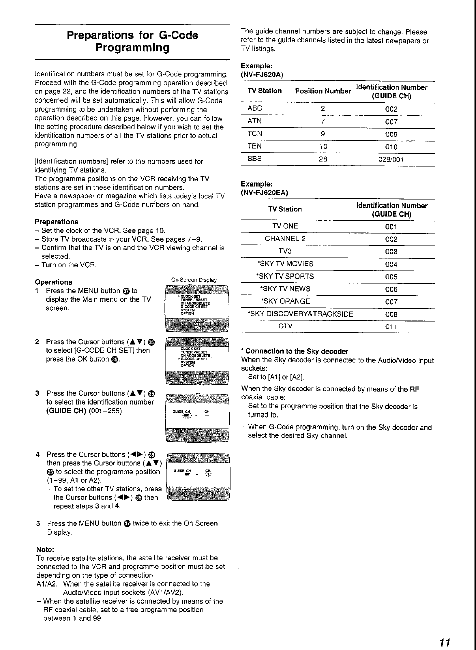 Preparations, Operations, Note | Connection to the sky decoder, Preparations for g-code programming | Panasonic G-CODE NV-FJ620 User Manual | Page 11 / 28