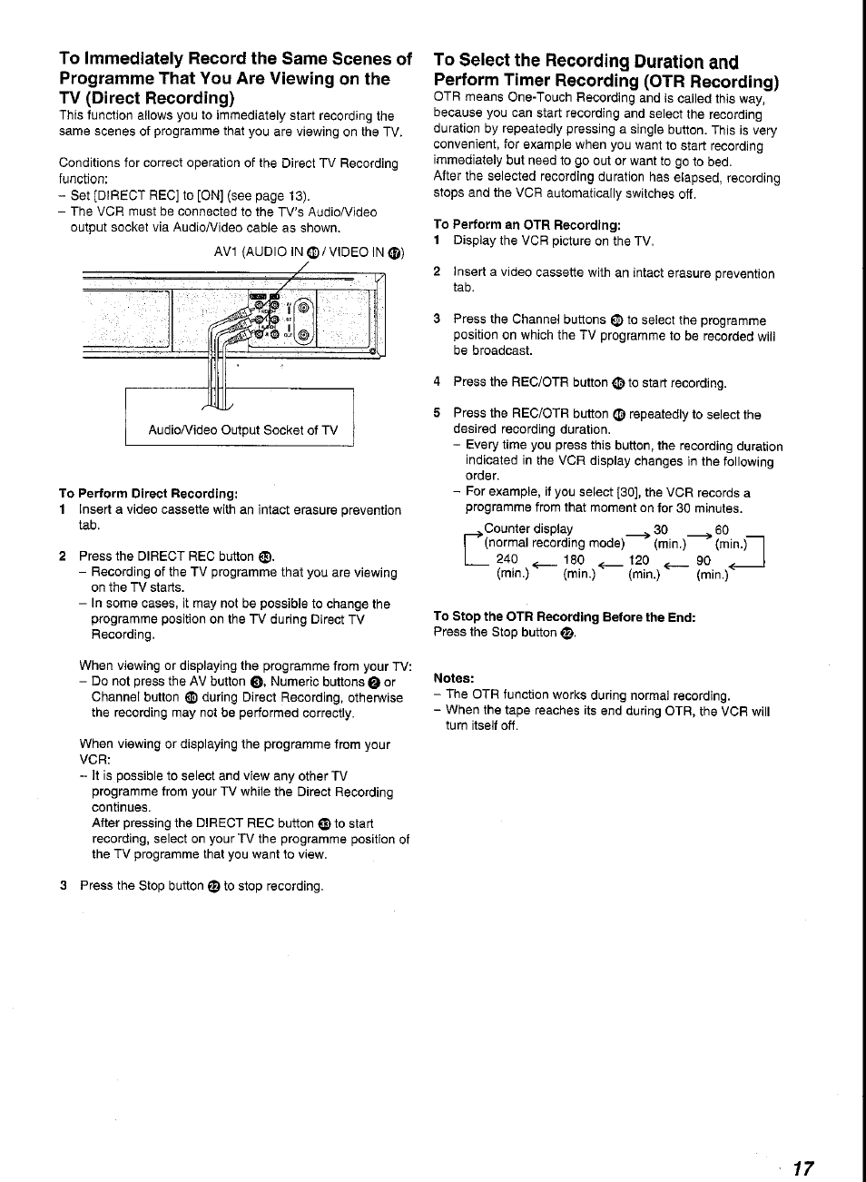 To perform direct recording, To perform an otr recording, To stop the otr recording before the end | Notes | Panasonic G-CODE NV-FJ620 User Manual | Page 17 / 28