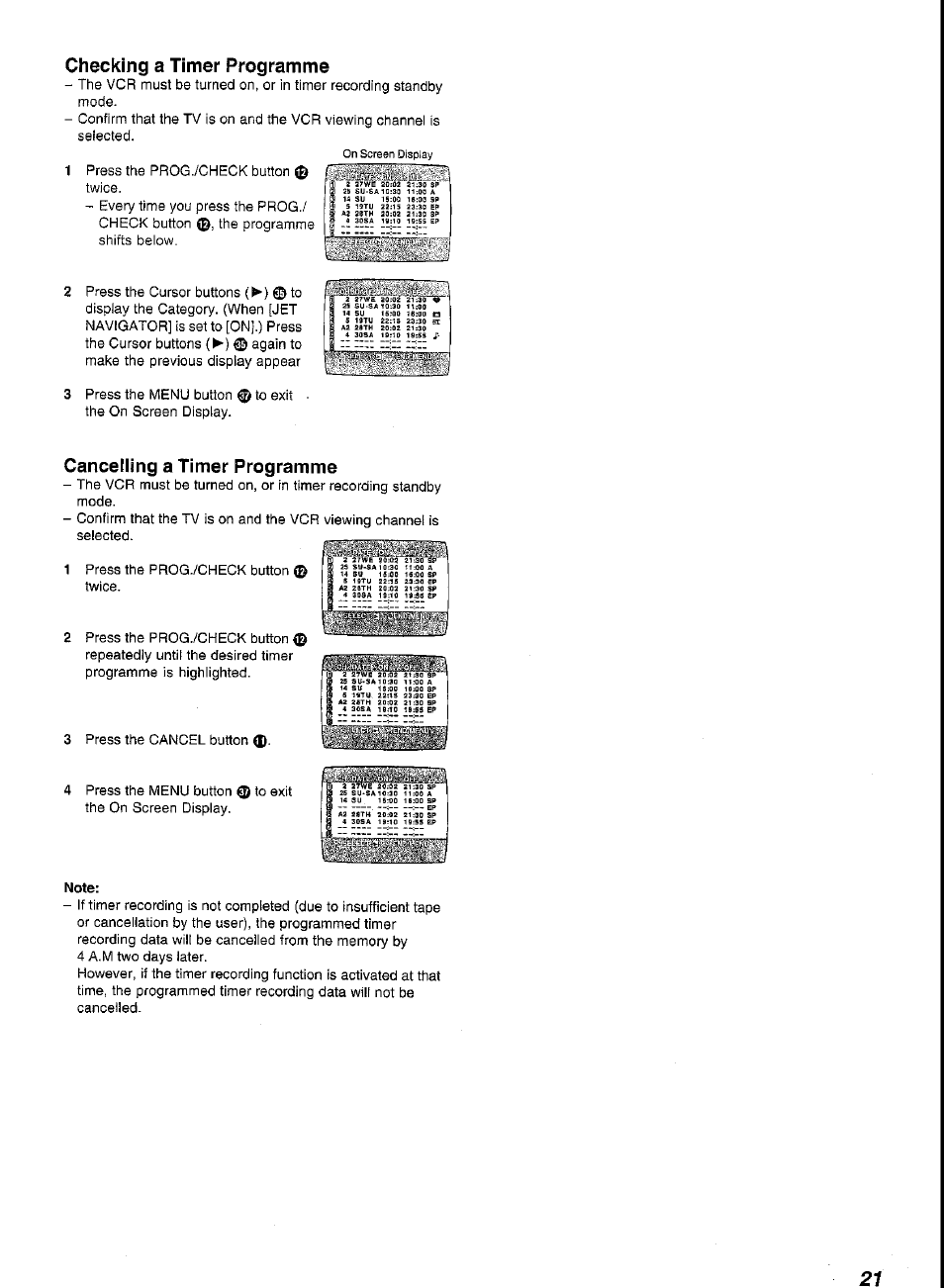 Note, Checking a timer programme, Cancelling a timer programme | Panasonic G-CODE NV-FJ620 User Manual | Page 21 / 28