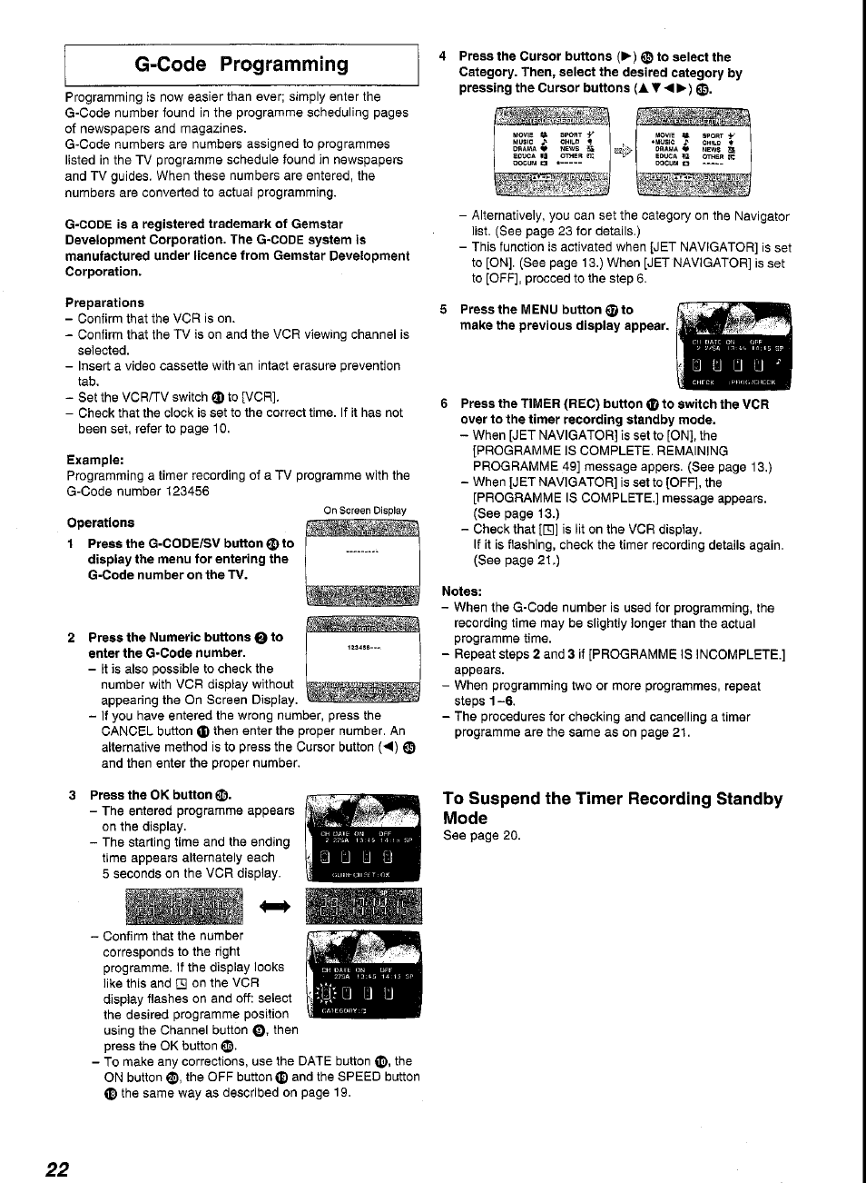 Preparations, Example, Press the ok button | 6 press the timer (rec) button © to switch the vcr, Notes, G-code programming | Panasonic G-CODE NV-FJ620 User Manual | Page 22 / 28