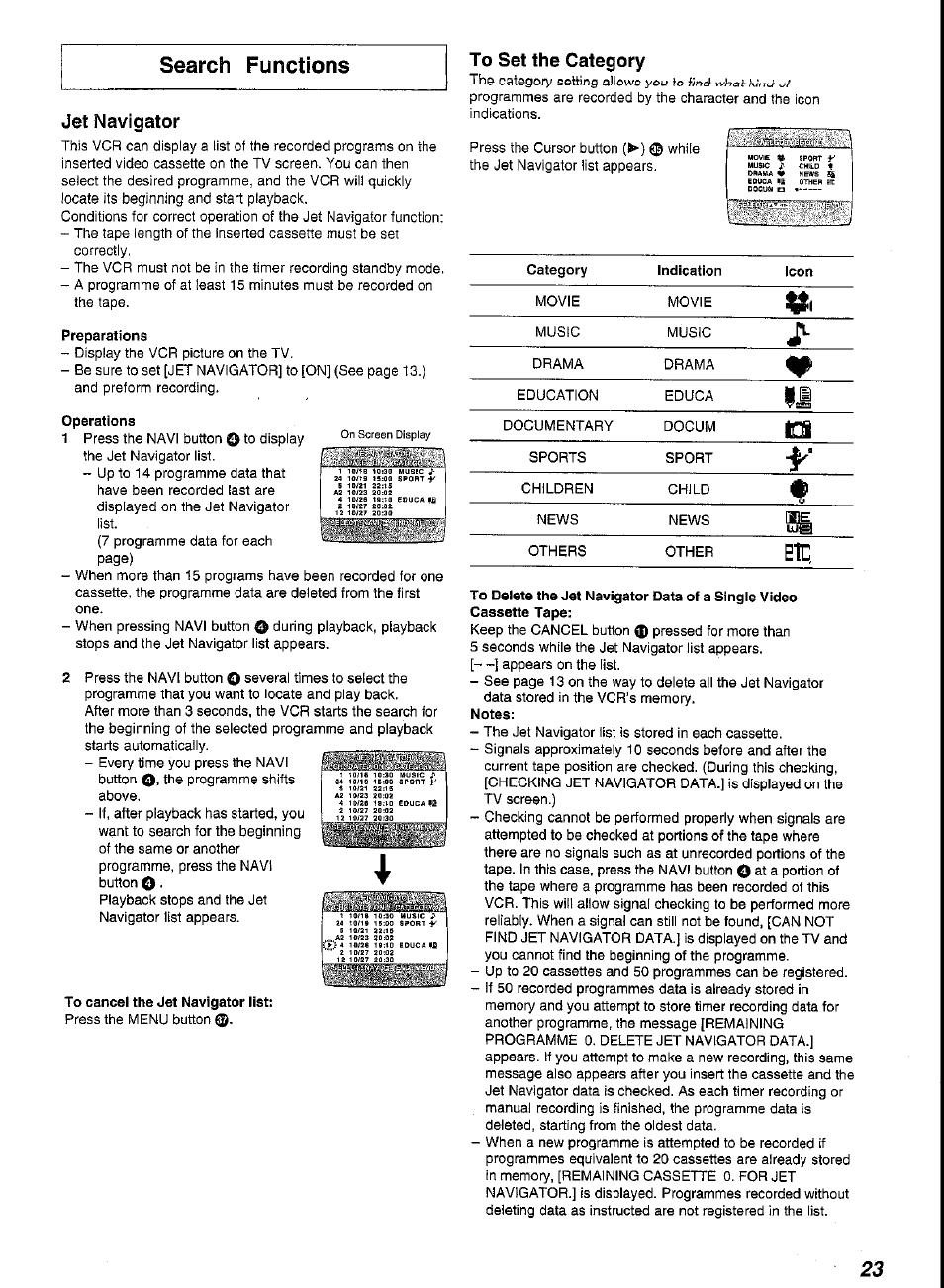 Preparations, Operations, To cancel the jet navigator list | To delete the jet navigator data of a single video, Search functions, Jet navigator, Ye>u i, V-.i ?■ ssl movie sport y music ì- cn1ld, Seduca >e other e1c ddcum c3 •--- stimr | Panasonic G-CODE NV-FJ620 User Manual | Page 23 / 28