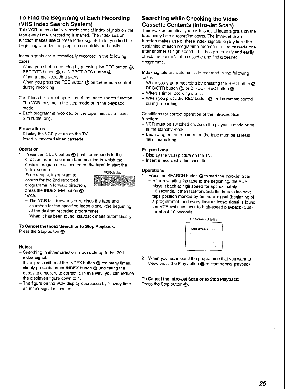Preparations, Operation, To cancel the index search or to stop playback | Notes, Operations, To cancel the intro-jet scan or to stop playback | Panasonic G-CODE NV-FJ620 User Manual | Page 25 / 28