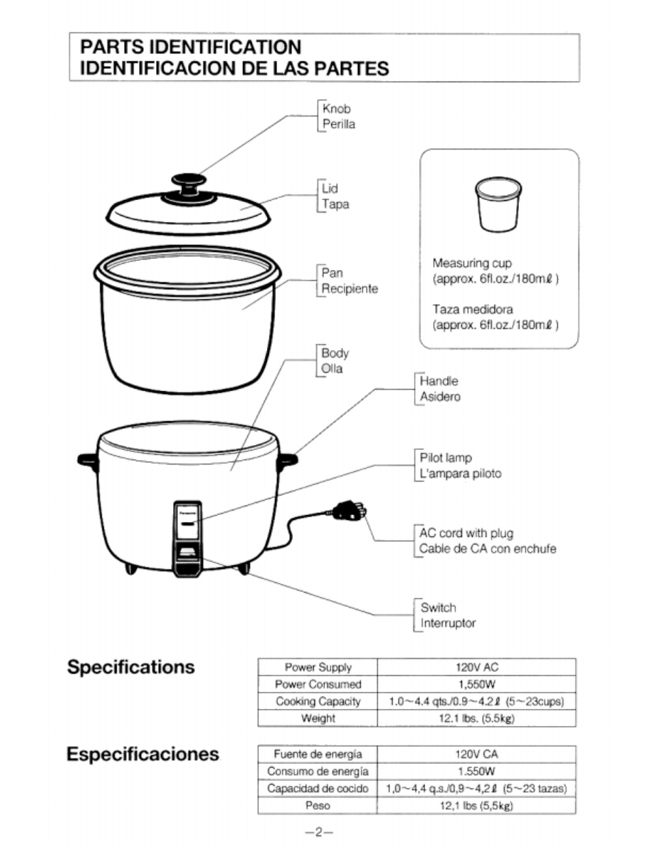 Parts identification identificacion de las partes, Specifications, Especificaciones | Panasonic SR-42HZP User Manual | Page 3 / 5
