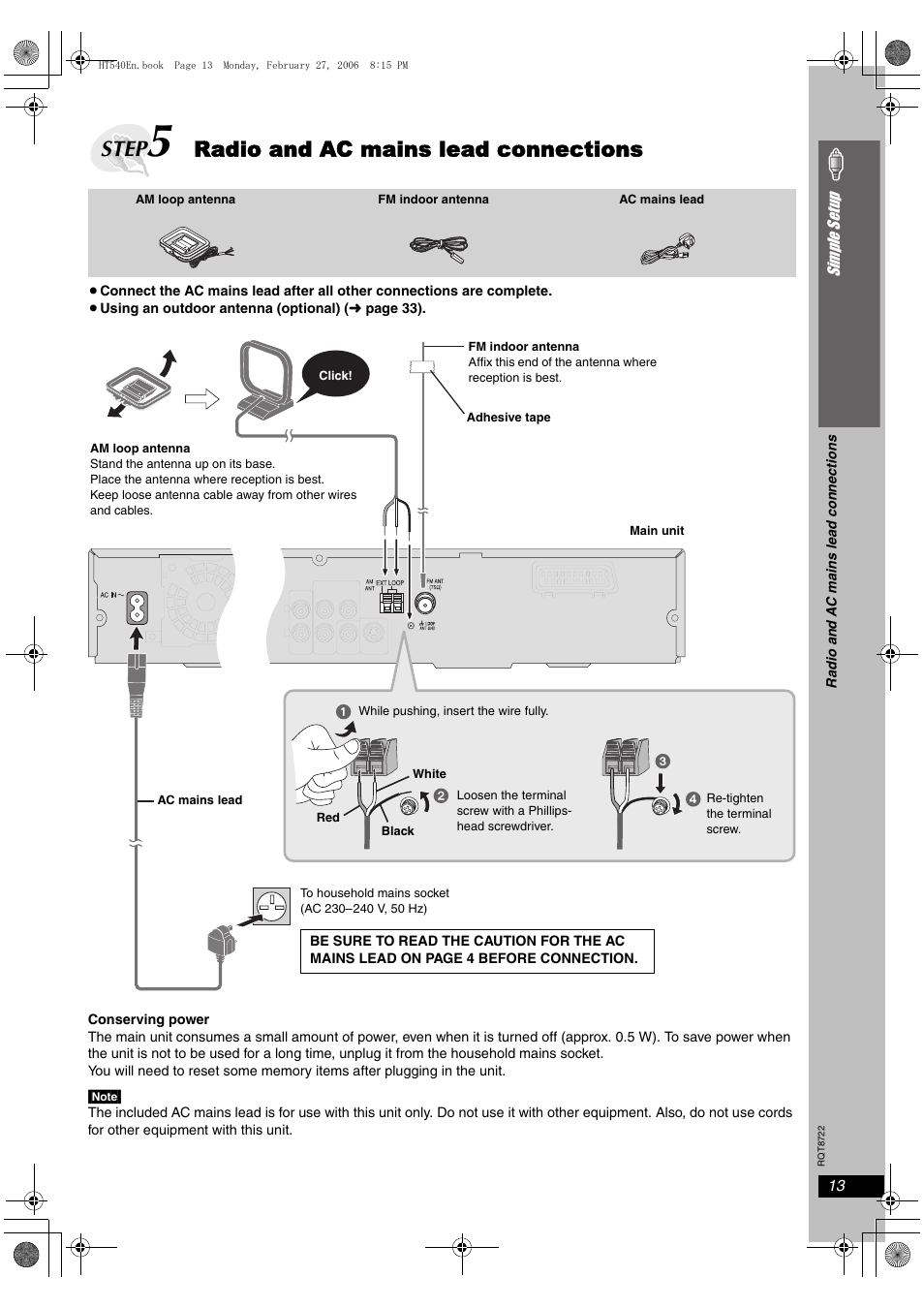 Step, Radio and ac mains lead connections | Panasonic SC-HT990 User Manual | Page 13 / 48