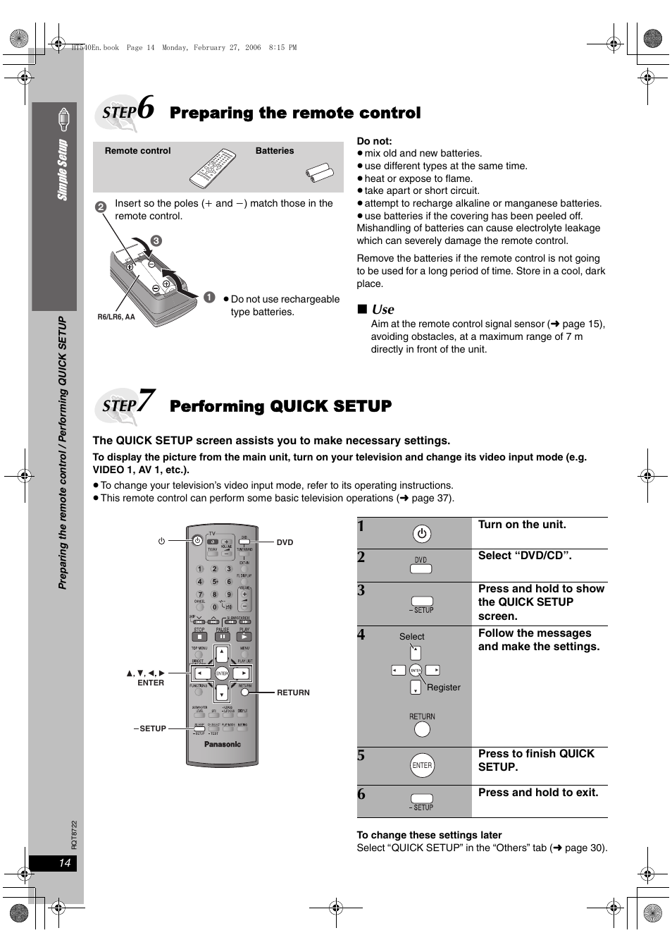 Step, Preparing the remote control, Performing quick setup | Panasonic SC-HT990 User Manual | Page 14 / 48